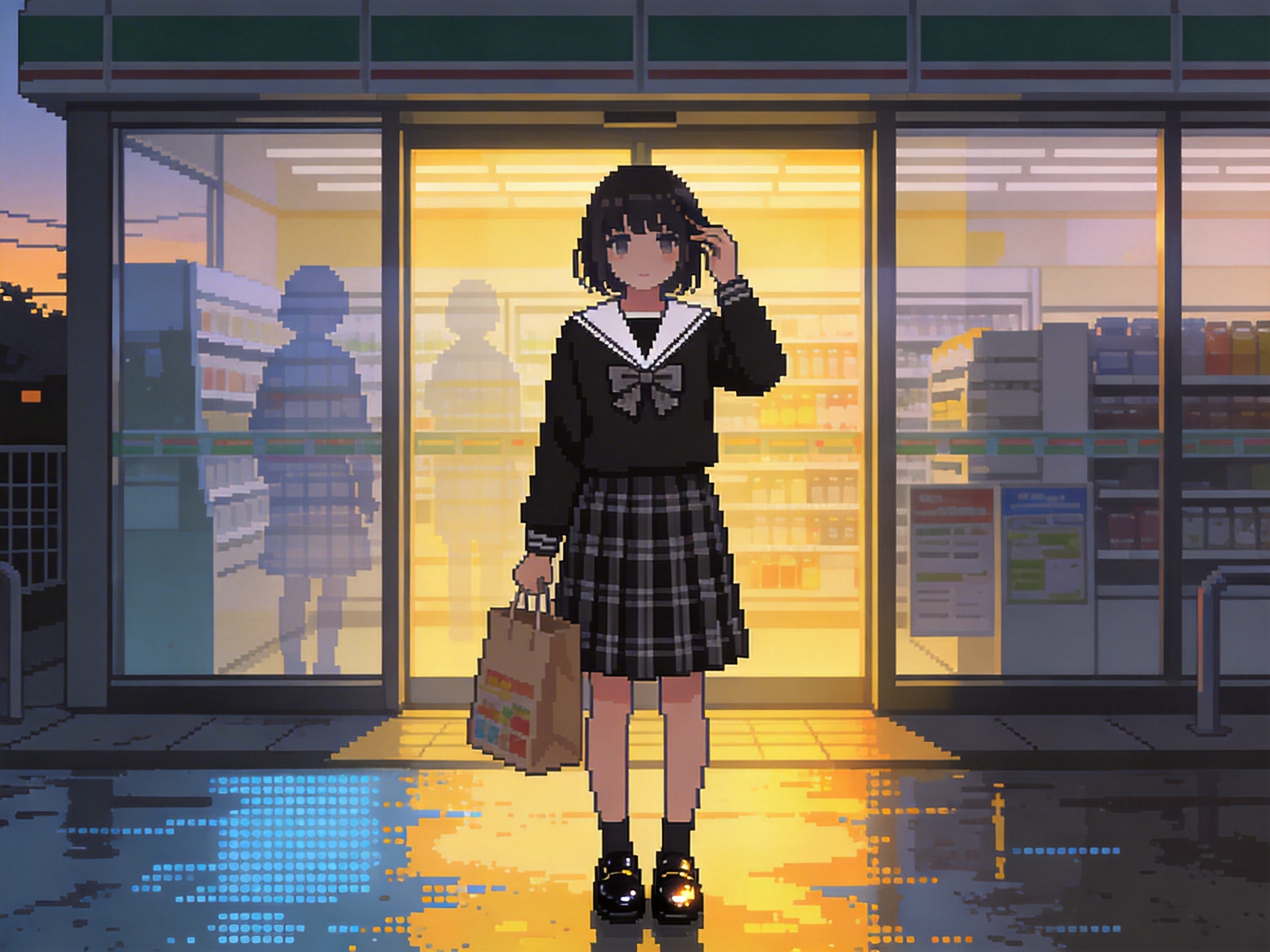 图中展现了一幅具有像素艺术风格的画面，场景设定在黄昏时分的便利店门前。一位留着黑色短发、穿着深色水手服校裙的少女站在画面中央，她右手提着一个棕色购物袋，左手轻轻抚摸头发。背景是灯火通明的便利店，暖黄色的灯光从玻璃门透出，与室外微暗的暮色形成鲜明对比。地面湿漉漉的，倒映着店内的灯光和少女的身影。整体色调温馨而略带忧郁，构图对称，少女处于视觉中心。

在 AI 生成的细节方面，存在一些明显的逻辑缺陷：首先