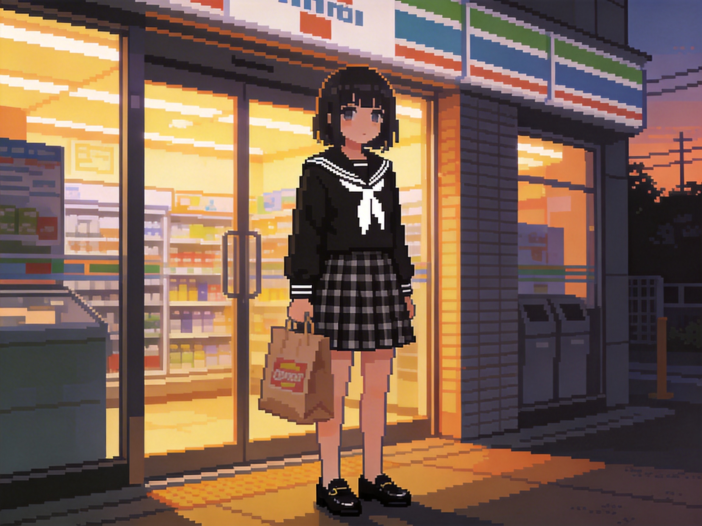 图中展现了一幅具有复古像素艺术风格的画面。在黄昏时分，一名留着黑色短发、齐刘海的少女站在一家便利店门口。她穿着经典的日式黑色水手服上衣，系着白色领巾，下半身是灰黑相间的格子百褶裙，脚穿黑色皮鞋。她右手提着一个棕色纸质购物袋，神情略显忧郁。背景的便利店透出温暖的橘黄色灯光，店内货架隐约可见。店外的招牌带有红、绿、蓝三色条纹，右侧背景是深紫色的晚霞和电线杆剪影。

在 AI 生成细节方面，画面存在明显的逻辑与结构异常：便利店上方的招牌文字模糊且杂乱，无法辨认；少女右手提着的纸袋提手与手指的连接处结构混乱，显得不够自然；左侧玻璃门上的把手位置偏低，且与门框的衔接透视略显生硬。此外，地面上的黄色盲道砖块分布不均，与整体透视线条不完全吻合。