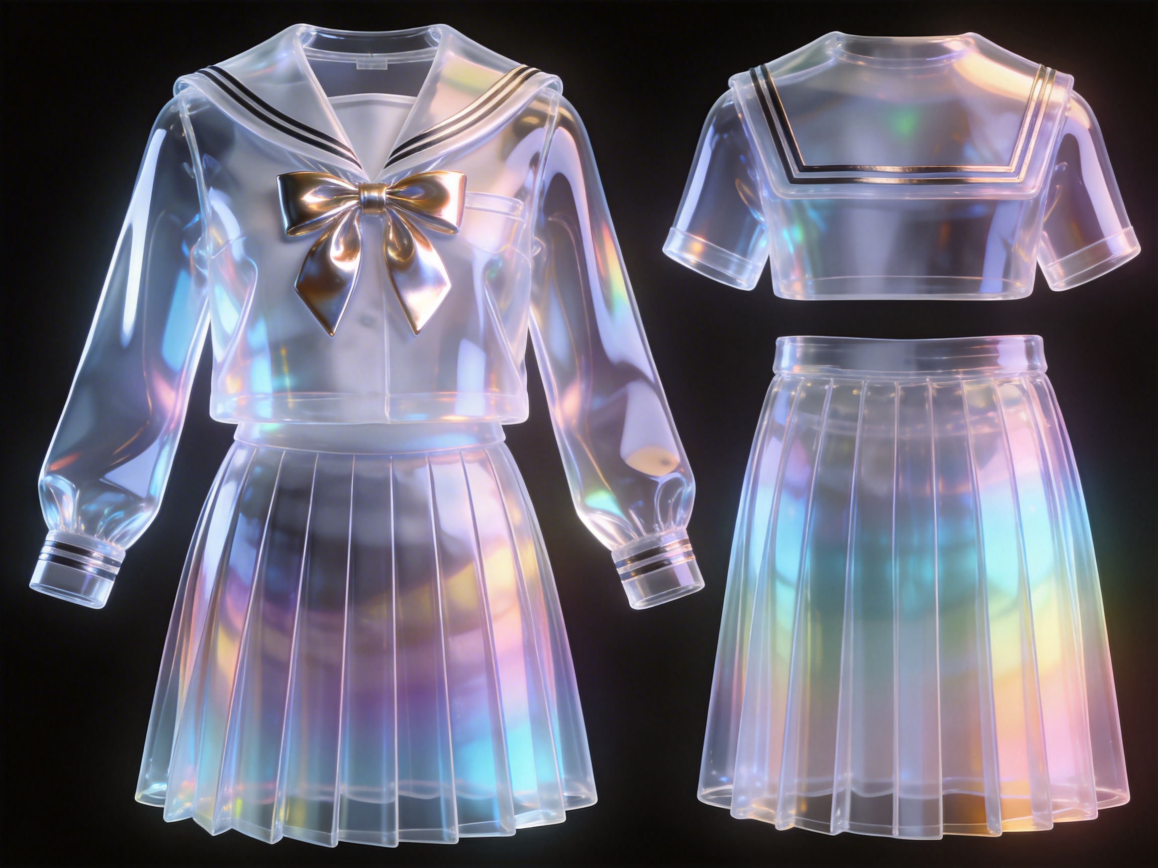 画面中展示了两套具有未来科技感的透明材质水手服校服，背景为纯黑色。左侧是一套完整的长袖水手服，上衣领口处系有一个精致的金色金属质感蝴蝶结，下半身是配套的百褶裙。右侧则展示了该款式的短袖露脐版上衣及对应的百褶裙背面。整套服装呈现出类似玻璃或透明塑料的质感，表面带有绚丽的虹彩光泽，折射出青、紫、粉等梦幻色彩，边缘勾勒着清晰的白色亮边。

作为 AI 生成的图像，画面存在一些明显的逻辑缺陷：左侧长袖上衣的袖口条纹与领口条纹在透视上略显僵硬，且衣服内部完全中空，缺乏自然的支撑结构；右侧短袖上衣的下摆边缘过于平整，缺乏布料或软性材质应有的褶皱感；此外，百褶裙的褶皱线条在底部边缘处显得过于锐利且分布过于均匀，呈现出一种不真实的几何精确感。