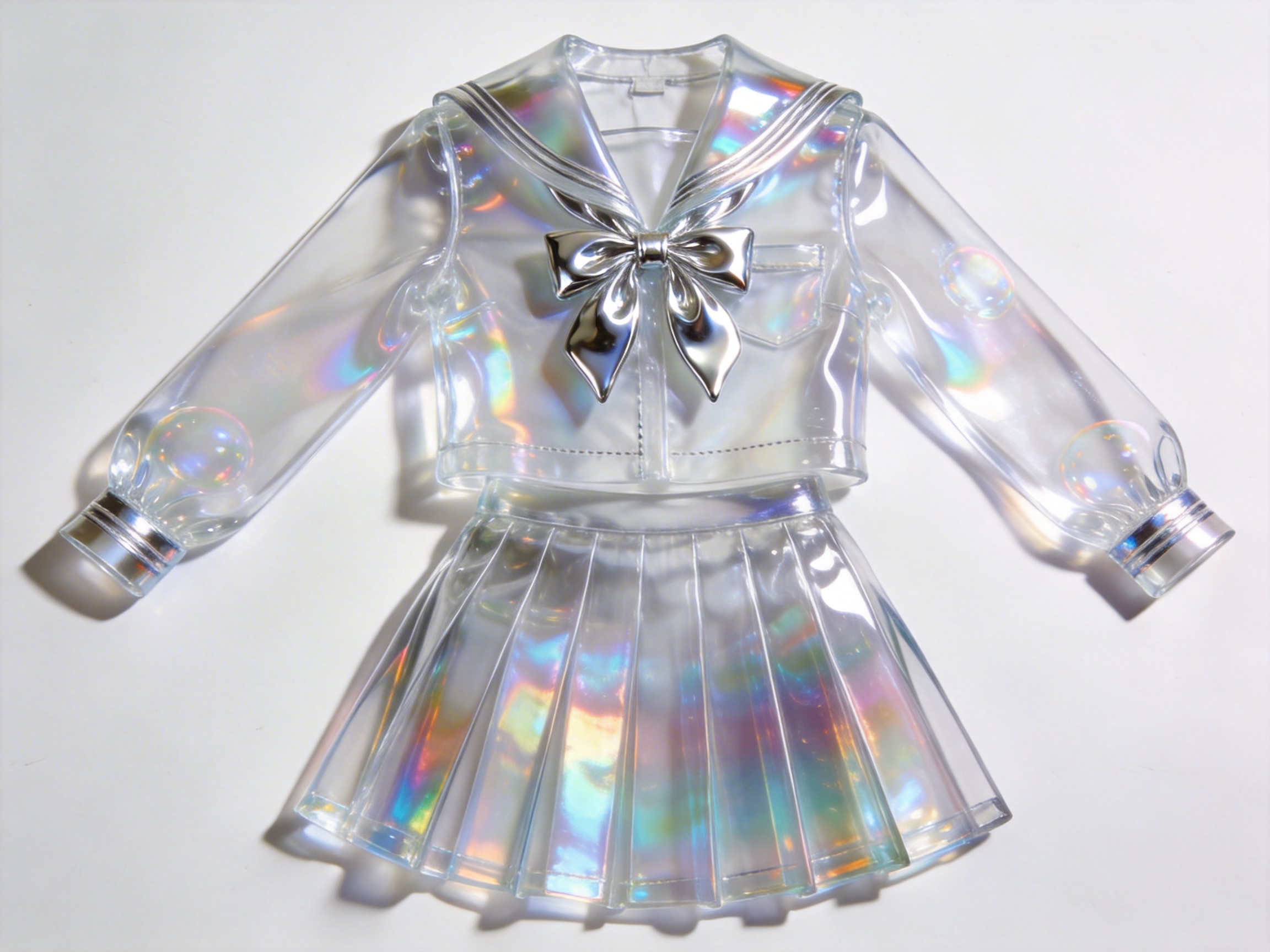 图中展示了一套极具未来感的透明材质水手服套装，平铺在纯白色背景上。这套服装由一件长袖上衣和一条百褶裙组成，材质呈现出类似透明塑料或树脂的质感，表面带有绚丽的虹彩光泽，反射出如同肥皂泡般的七彩晕光。上衣领口处装饰有一个银色金属质感的蝴蝶结，领口边缘和袖口有银色条纹点缀。整体构图居中，光影效果营造出一种晶莹剔透的视觉感。

画面中存在明显的 AI 生成缺陷：首先，衣服的结构逻辑不合理，透明材质内部没有看到缝合线或支撑结构，却呈现出充气般的立体感；其次，蝴蝶结的金属反光与周围环境不符，显得有些突兀；最明显的错误在于袖口处，左侧袖口与背景阴影的衔接显得生硬，且衣服的边缘线条在某些地方出现了模糊和重叠，缺乏真实衣物的垂坠感和物理厚度。
