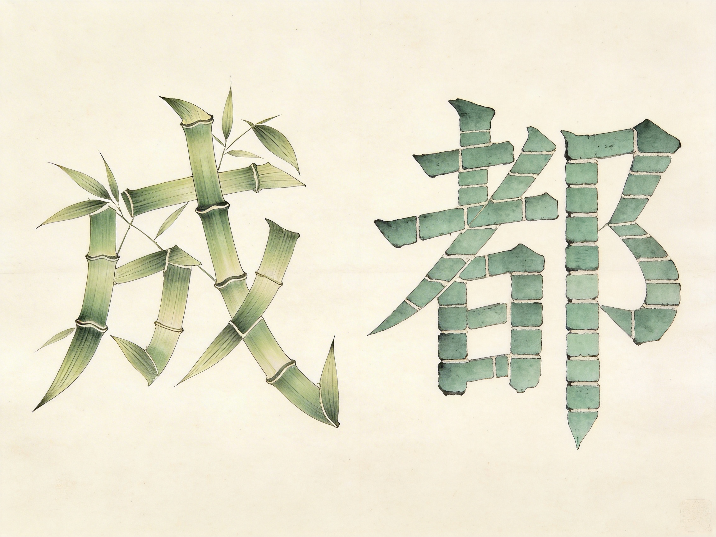 图中展示了在米白色仿古宣纸背景上，由左至右排列的两个汉字“成都”。这两个字采用了独特的创意设计，将自然元素与建筑纹理融入书法结构中。左侧的“成”字由翠绿色的竹节拼组而成，笔画末端点缀着几片尖细的竹叶，展现出清新自然的意境；右侧的“都”字则呈现出青砖墙的质感，笔画内部填充了整齐排列的砖块纹路，色调偏向沉稳的灰绿色。整幅画面构图简洁，左右对称感强，体现了城市文化与自然和谐共生的主题。

在 AI 生成的细节方面，存在一些明显的逻辑缺陷：左侧“成”字的竹节连接处并不符合真实的物理生长结构，部分竹节在交叉时显得生硬且透视错乱；右侧“都”字的砖块纹理在笔画转折处出现了断裂和不规则的挤压，且“都”字右半部分“阝”旁的结构过于僵硬，缺乏传统书法的流畅感。此外，背景的纸张纹理分布过于均匀，显得略有人工合成的痕迹。