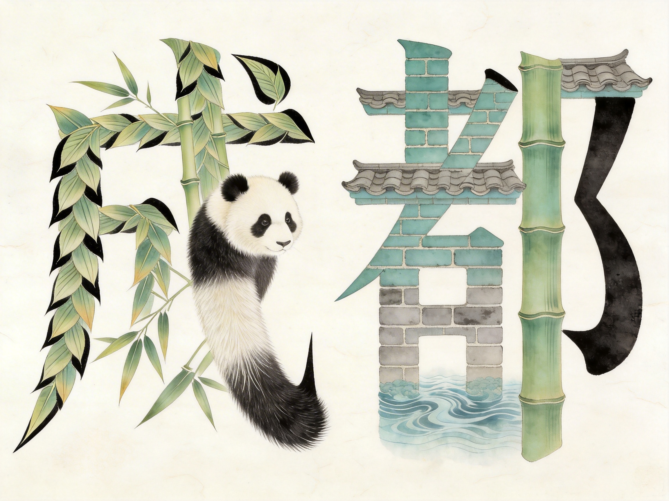 图中展示了一幅融合了中国传统工笔画风格与创意设计的艺术作品，背景为米白色的宣纸质感。画面主体由两个巨大的、经过艺术变形的汉字组成，意在表达“成都”二字。左侧的字形由翠绿的竹枝、竹叶和一只大熊猫构成，熊猫的身体自然地融入了笔画的勾勒中；右侧的字形则结合了青砖墙、灰色瓦片屋顶、流水纹样以及一根粗壮的绿竹。整体色调清新雅致，以绿、灰、黑为主。

然而，作为一张 AI 生成的图片，画面中存在明显的逻辑与结构缺陷。首先，文字识别极其困难，虽然意图表现“成都”，但字形结构支离破碎，无法辨认为标准的汉字。其次，大熊猫的身体构造完全畸形，它只有一颗完整的头，身体却像一条细长且长满黑白长毛的尾巴或触手，缺乏四肢。此外，右侧建筑元素的透视关系混乱，瓦片与砖墙的衔接生硬，竹节的生长比例也显得不够自然。