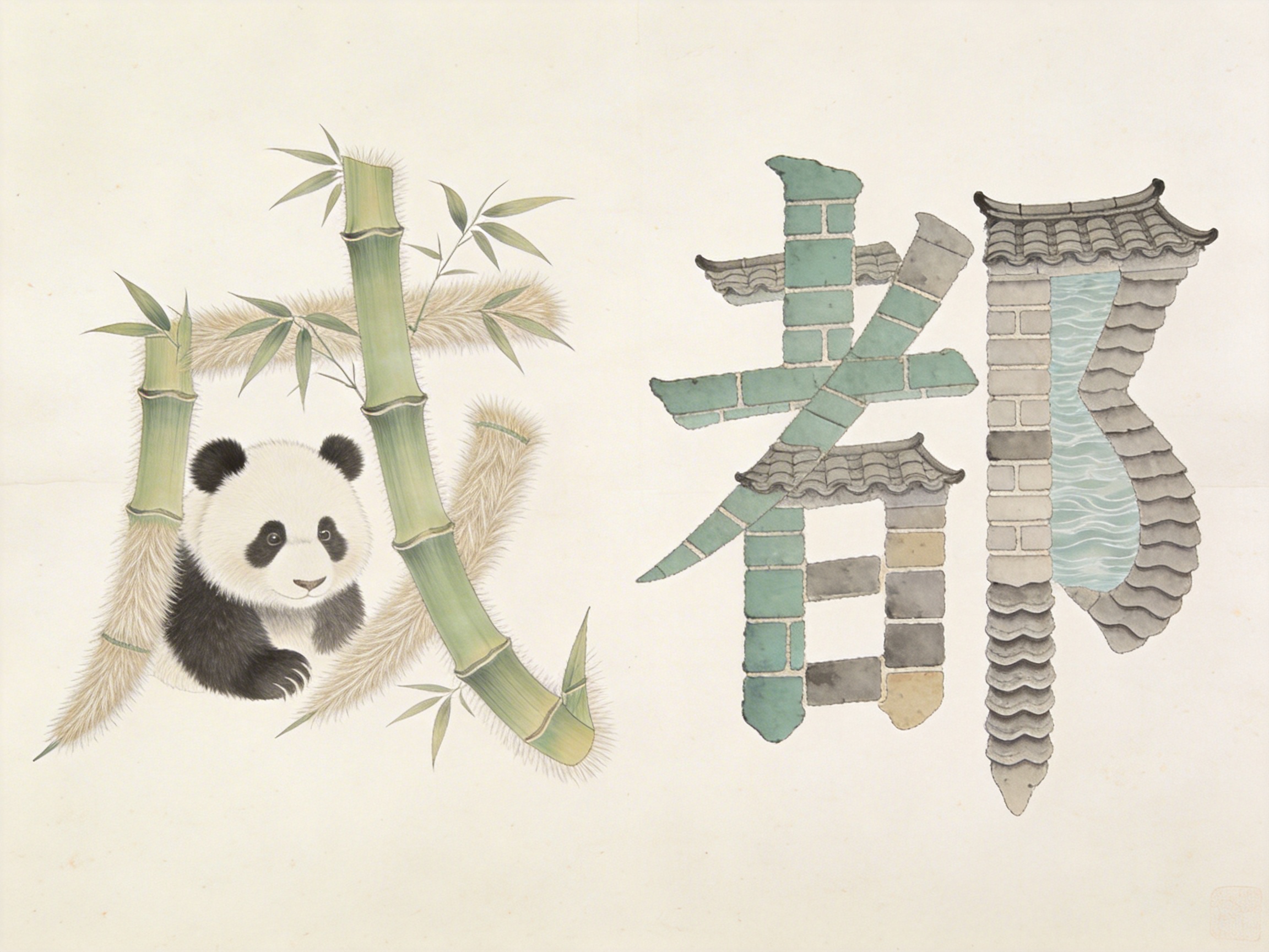 图中是一幅采用中国传统工笔画风格创作的创意艺术字画，背景为米白色的仿古宣纸质感。画面中心是由各种成都特色元素构成的“成都”两个汉字。左侧的“成”字巧妙地利用了翠绿的竹节、细长的竹叶以及棕色的棕榈纤维编织而成，字里行间还坐着一只憨态可掬的大熊猫，黑白分明，神态温和。右侧的“都”字则由青砖、灰瓦和流动的碧波水纹组成，展现了古建筑的韵味。整体色调清新淡雅，构图疏密有致。

作为 AI 生成的图像，画面存在一些明显的逻辑缺陷：“成”字的笔画结构并不完整，部分竹节的生长方向与汉字笔顺不符，显得有些支离破碎；右侧“都”字的结构被过度拆解，左半部分的“者”字笔画变成了零散的砖块堆砌，缺乏汉字应有的连贯性；最右侧的“阝”旁由瓦片和水流强行拼凑，比例失调且透视关系混乱，导致文字识别度较低。