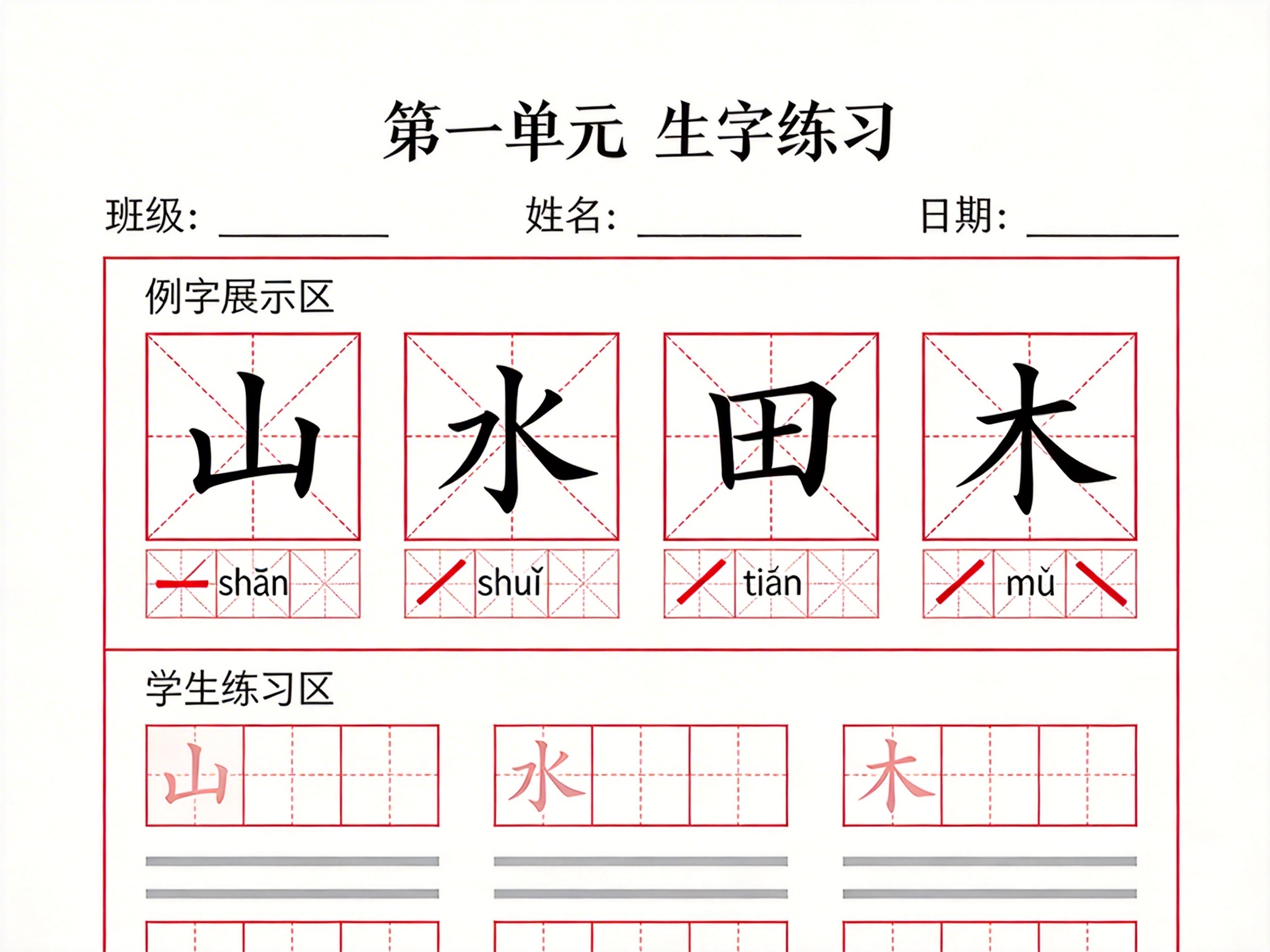 画面中是一张用于练习汉字书写的田字格练字帖，背景为纯白色。页面顶部印有黑色标题「第一单元 生字练习」，下方设有班级、姓名和日期的填空横线。主体内容分为两个红色边框区域：上方是「例字展示区」，包含四个米字格，分别展示了黑体的「山、水、田、木」四个汉字，每个字下方配有对应的拼音和带有红色斜杠的辅助小格；下方是「学生练习区」，提供了浅红色的描红字样和空白格供书写。

这张图片存在明显的 AI 生成缺陷：首先，拼音部分的排版非常混乱，拼音字母与红色的装饰性斜杠相互重叠，且下方的辅助小格线条破碎、不完整。其次，在下方的练习区中，原本应有四个字的练习位，但「田」字完全缺失，导致布局失衡。此外，底部的灰色横线与红色格子的衔接处透视不均，部分线条出现了断裂和模糊，无法作为标准的教学材料使用。