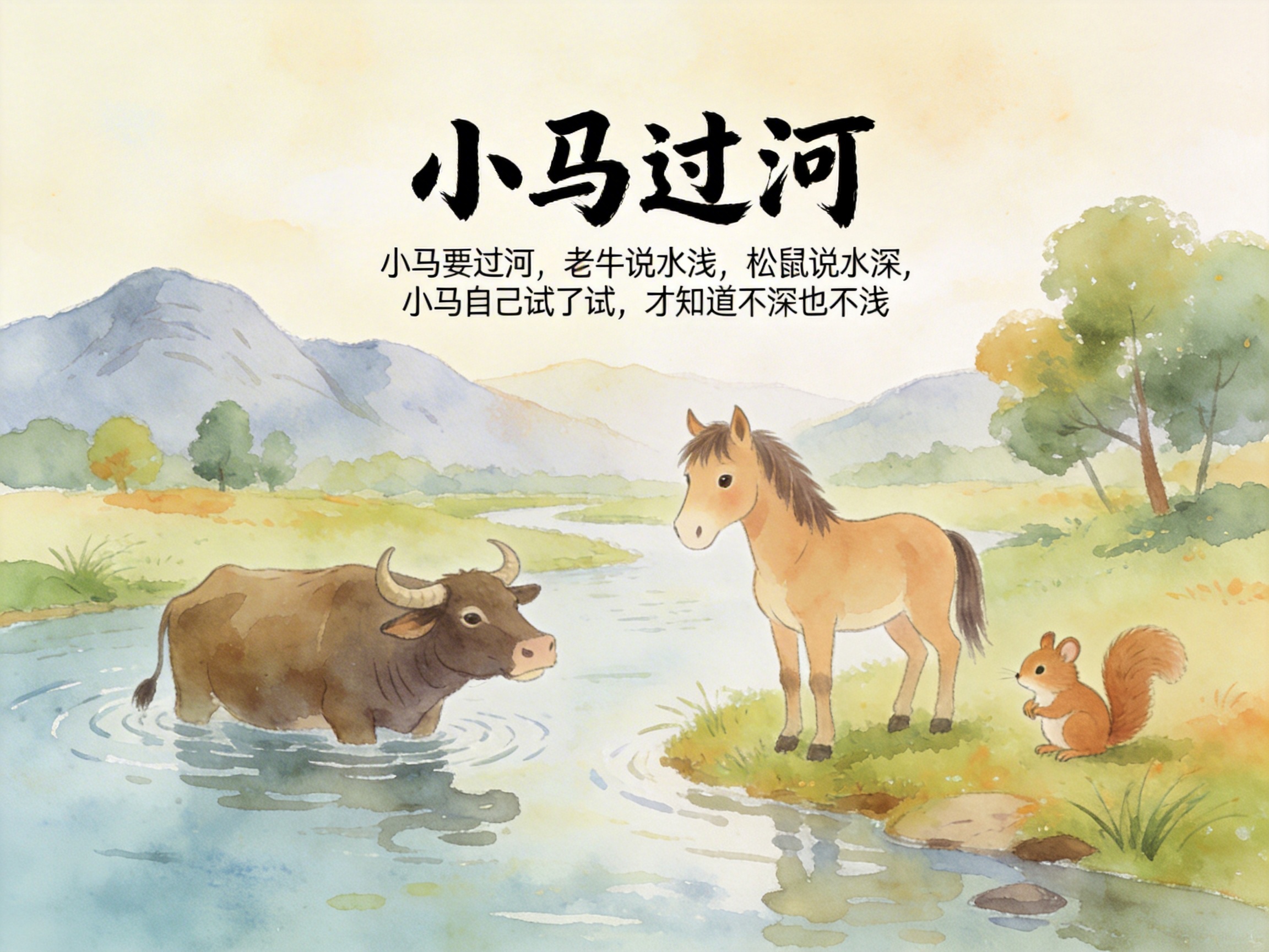 画面中是一幅清新简约的水彩风格插画，描绘了经典寓言故事《小马过河》的场景。画面中央偏右站着一匹浅棕色的小马，它正低头望向河水；左侧河中站着一头深褐色的老牛，水没过了它的腿部；右下角岸边坐着一只橘色的小松鼠。背景是淡雅的青绿色草地、蜿蜒的河流以及远方连绵的浅蓝色山脉。画面上方有黑色的书法体标题“小马过河”及两行简短的文字介绍。

在 AI 生成的细节方面，存在一些明显的逻辑缺陷：首先是透视与比例异常，老牛虽然站在河里，但其身体下方的水波纹与腿部的连接处显得生硬，且老牛的体型相对于小马来说显得较小；其次是肢体结构问题，小马的四肢线条略显僵硬，右后腿的关节连接不够自然；最后，河水的倒影处理较为模糊，未能准确反映出岸上动物和树木的形态。整体色调柔和，给人一种温馨的绘本感。
