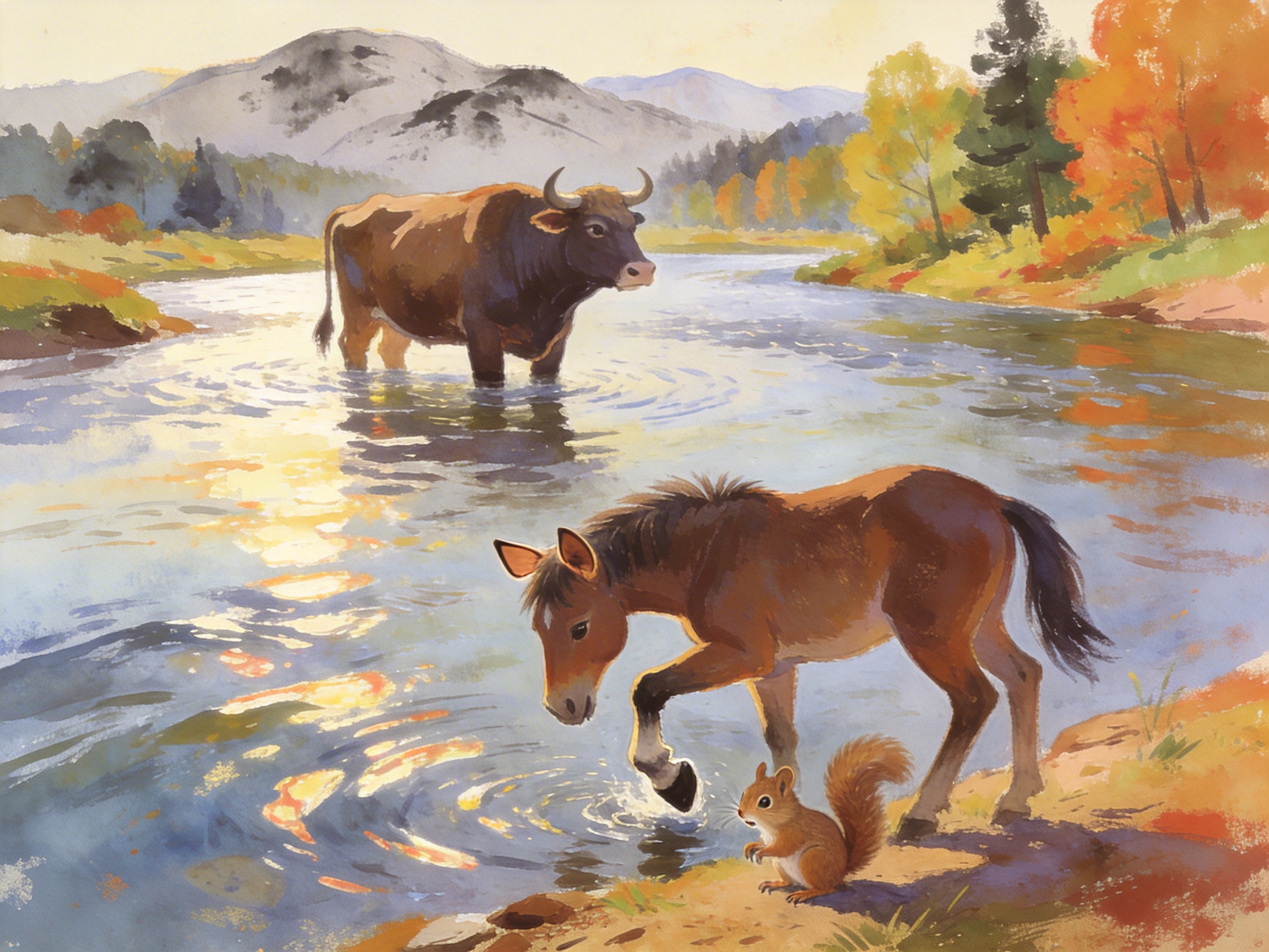 图中展现了一幅具有水彩质感的自然风景画。画面中央是一条波光粼粼的河流，夕阳的余晖在水面上洒下金橙色的反光。背景是连绵的淡紫色山峦和秋意浓浓的树林，树叶呈现出金黄和火红色。河水中站立着一头体型壮硕的棕黑色水牛，正望向岸边。岸边有一匹棕色的小马正弯下头，前蹄轻点水面，与一只蹲在岸上的棕色小松鼠对视。

画面中存在明显的 AI 生成缺陷：首先，前景小马的身体结构异常，它的左前腿关节连接处显得僵硬且不自然，蹄部的形状更像是一个黑色的圆球，缺乏真实的蹄部细节；其次，小马的比例与松鼠相比显得过小，而与远处的水牛相比又显得透视关系不够准确。此外，水牛在水中的倒影与其实际站立的位置略有偏移，水面的波纹处理在动物足部周围显得有些模糊和逻辑混乱。