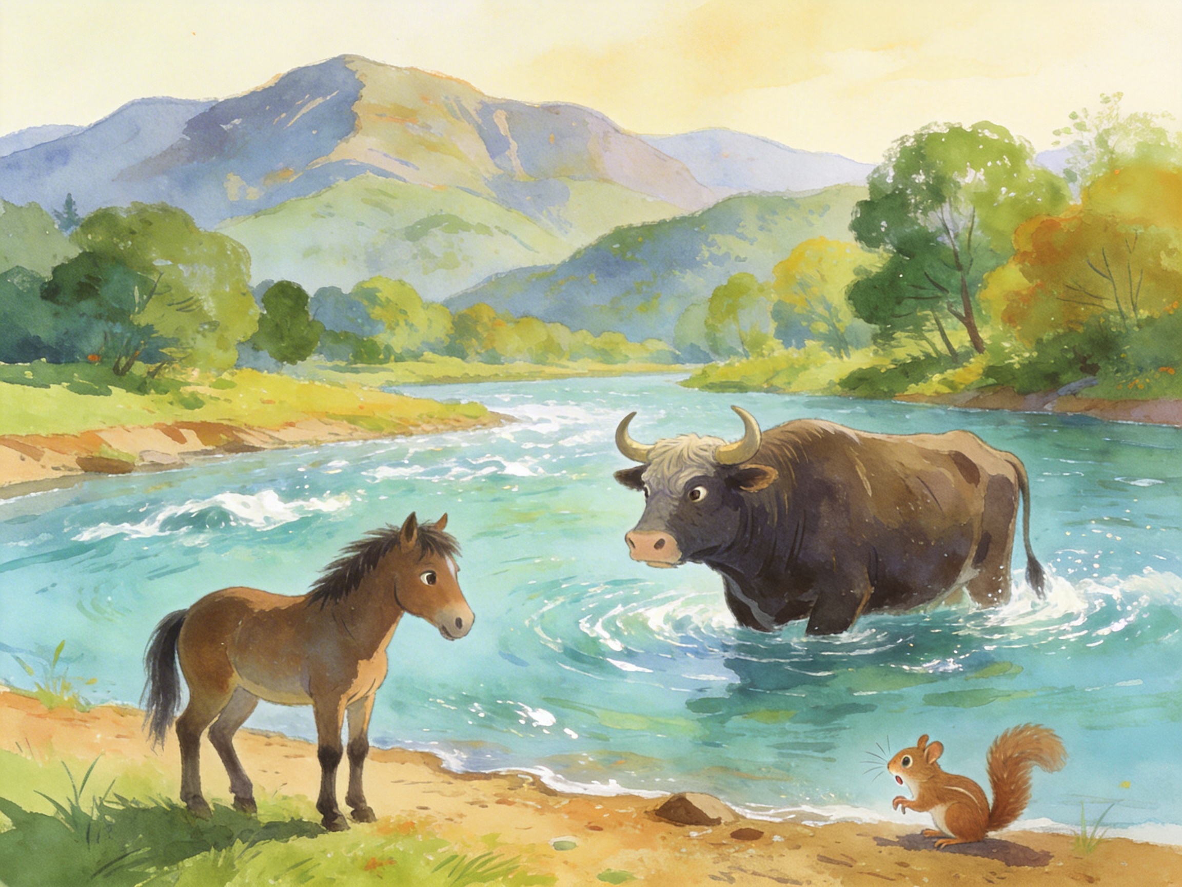 图中展现了一幅温馨柔和的水彩画，描绘了《小马过河》寓言故事中的经典场景。画面中心是一条泛着青绿色波光的小河，背景是层叠的淡紫色与绿色山峦，天空呈现出淡淡的暖黄色。岸边站着一匹棕色的小马，它正睁大好奇的眼睛望向河水中。河中心站着一头体型硕大的深褐色老牛，水面在它腿部荡开阵阵涟漪。右下角的岸边还有一只棕色的小松鼠，正张着嘴做出惊恐或提醒的表情。

在 AI 生成的细节方面，存在一些明显的逻辑与结构缺陷：老牛的四肢在水下的透视显得模糊且不连贯，其尾巴末端似乎凭空消失在空气中。小马的后腿结构略显僵硬，与地面的接触点缺乏自然的阴影过渡。此外，河水的波纹在老牛身体周围的分布不够自然，松鼠的爪部细节也存在轻微的融合现象，这些都是 AI 在处理复杂生物结构与环境交互时常见的瑕疵。