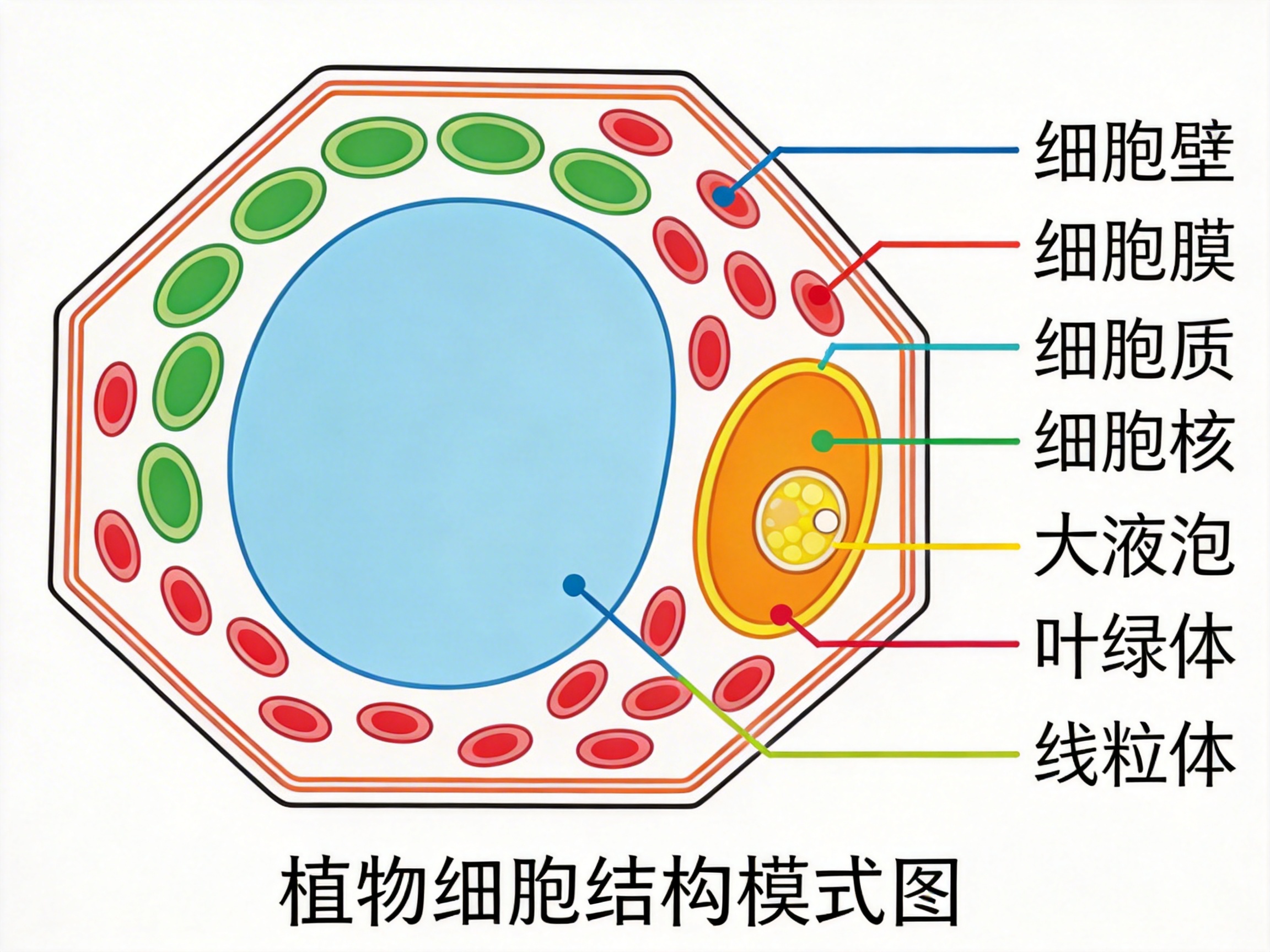 图中展示了一张植物细胞结构模式图，采用简洁的卡通绘图风格。画面中央是一个八边形的细胞轮廓，内部包含一个巨大的浅蓝色圆形区域，以及许多绿色和红色的椭圆形小器官。右侧排列着中文标注，通过彩色引线指向细胞内部。然而，这张 AI 生成的图片存在严重的生物学逻辑错误和标注混乱：首先，本应占据植物细胞大部分空间、标注为“大液泡”的蓝色区域，引线却错误地指向了“线粒体”；标注为“细胞核”的引线指向了一个橙色的椭圆，而该椭圆内部又包含了被标注为“大液泡”的黄色结构，这完全违背了真实的细胞构造。此外，标注为“叶绿体”的引线指向了红色的椭圆，而通常叶绿体应为绿色。画面底部的标题“植物细胞结构模式图”字体清晰，但整体内容因 AI 对科学常识的理解偏差，导致标注与实际结构完全错位，无法作为准确的教学参考。