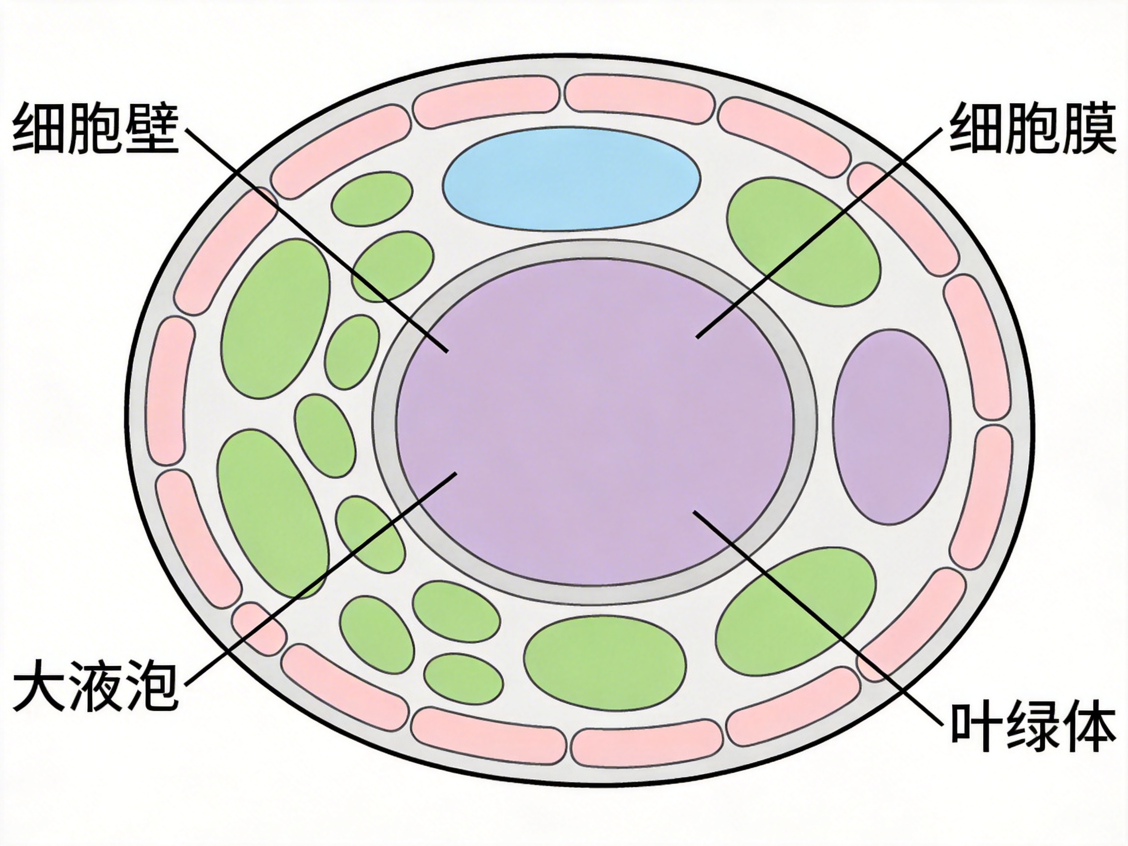 图中展示了一张模拟植物细胞结构的生物示意图。画面中心是一个巨大的紫色椭圆形，周围分布着多个绿色、蓝色和浅紫色的小椭圆。最外层由一圈粉红色的长条状结构包围，整体呈现出一种扁平的卡通风格。图像左右两侧带有中文标注，包括“细胞壁”、“细胞膜”、“大液泡”和“叶绿体”。

然而，这张由 AI 生成的图片在生物学逻辑和标注指引上存在严重的错误。首先，所有的标注引线都指向了中心最大的紫色区域，导致“细胞壁”、“细胞膜”和“叶绿体”的指向完全错误，未能对应到正确的细胞结构上。其次，细胞壁通常位于最外层且具有连续性，而图中却被描绘成断裂的粉色块状物。此外，文字排版略显生硬，引线交叉混乱，无法作为准确的科学教学参考。