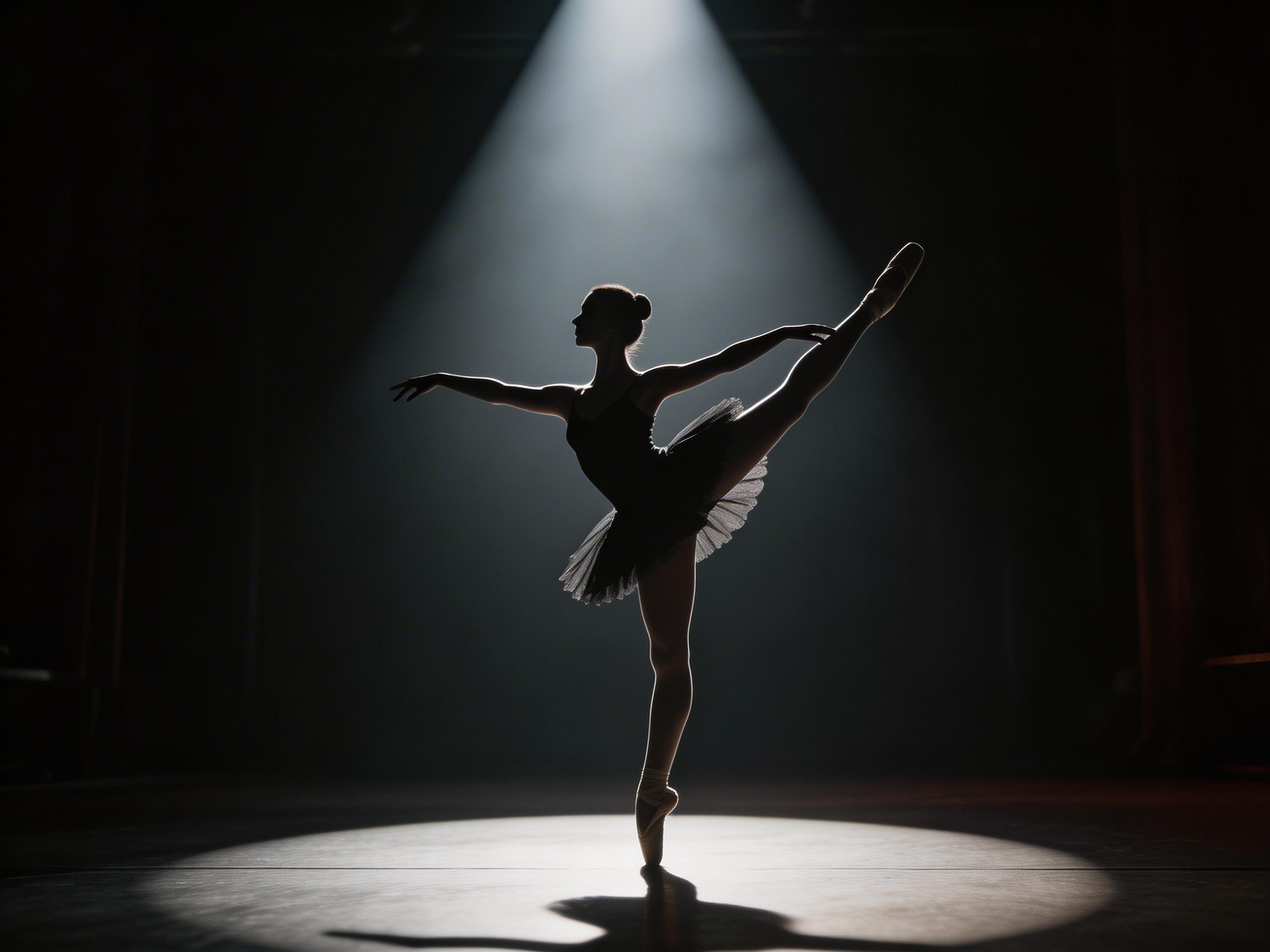 图中展示了一位芭蕾舞者在黑暗舞台上的优雅瞬间。画面中心，一束强烈的白色顶光如锥形般洒下，将舞者笼罩在明亮的光圈中，背景则是深邃的纯黑色。舞者正处于高难度的单腿站立姿态，右腿笔直地向斜上方踢起，展现出优美的线条感。她穿着深色的芭蕾舞裙，身体呈现出清晰的剪影效果，光影在她的肢体边缘勾勒出一圈柔和的亮边。

然而，画面中存在明显的 AI 生成缺陷：舞者抬起的右腿末端，足尖鞋的形状显得模糊且结构异常，未能清晰呈现出足尖站立的受力点。更明显的问题在于舞者的手部，左手手指的线条杂乱且数量模糊，右手则显得过长且关节扭曲，缺乏真实的手部结构。此外，地面上的影子虽然存在，但其形状与舞者的动作姿态并不完全对应，透视感略显生硬。尽管如此，整体构图依然传递出一种宁静而充满力量的艺术氛围。