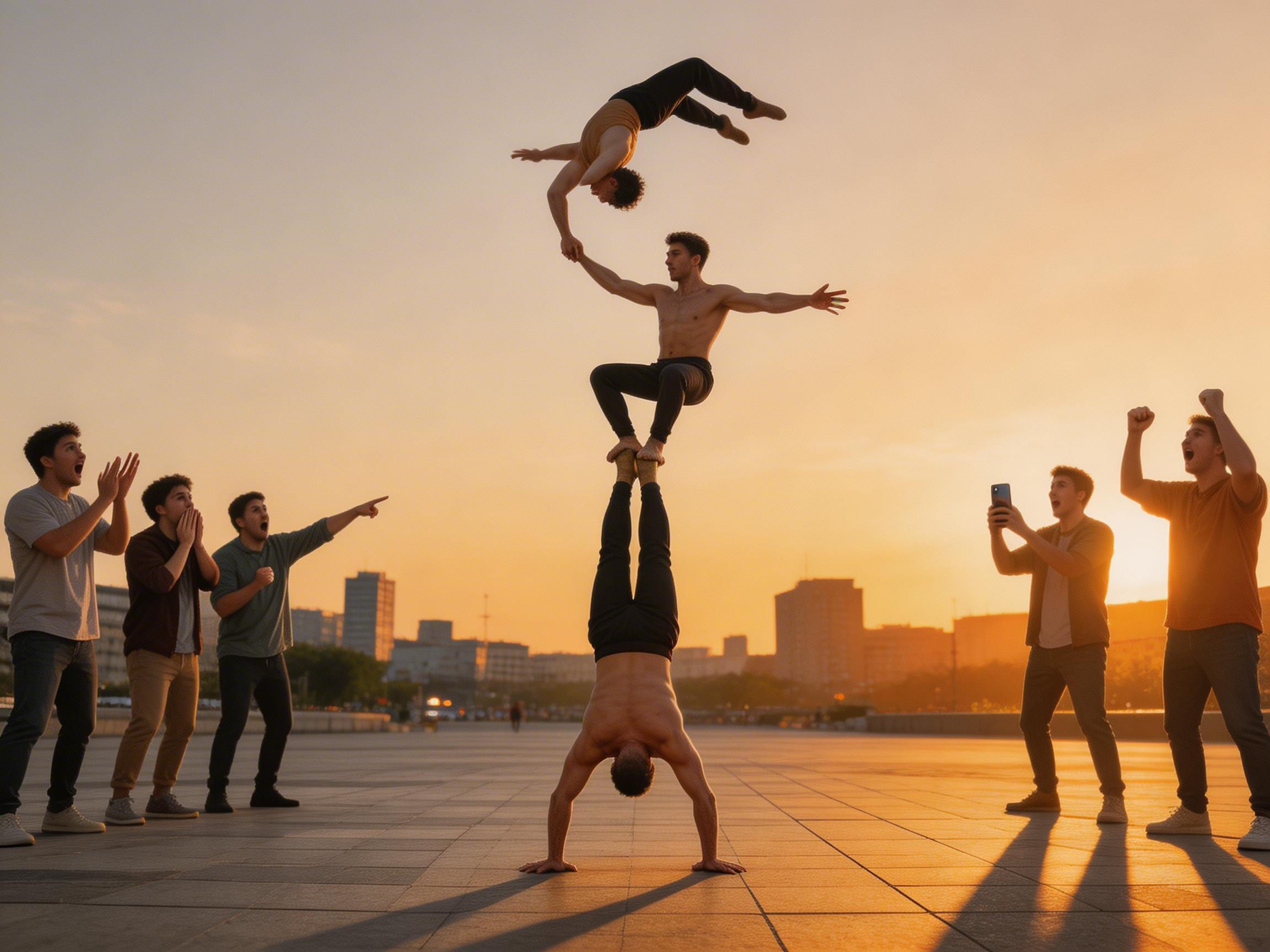 图中展示了一个在城市广场上的黄昏场景，中心是一组由三名男性组成的惊人杂技叠罗汉造型。最下方的男子双手撑地倒立，双脚向上托举着第二名男子的脚；第二名男子保持蹲姿，单手向上拉住最上方呈水平飞跃姿态的第三名男子。画面两侧有五名围观者，表现出惊讶、欢呼和拍照的动作。背景是落日余晖下的城市剪影，暖橙色的光芒洒满地面，拉出长长的影子。

然而，画面中存在多处明显的 AI 生成缺陷。最显著的是物理逻辑错误：中间男子的左臂凭空消失，却有一只断开的手掌悬浮在空中抓握上方的人。最上方男子的身体结构扭曲，其左臂与下方男子的右臂融合在一起，且手部细节模糊。此外，围观人群的五官特征高度相似，仿佛是同一个人的克隆，且部分人物的手指数量和形态不自然，右侧拍照男子的手机边缘与手部融合，缺乏真实的透视感。