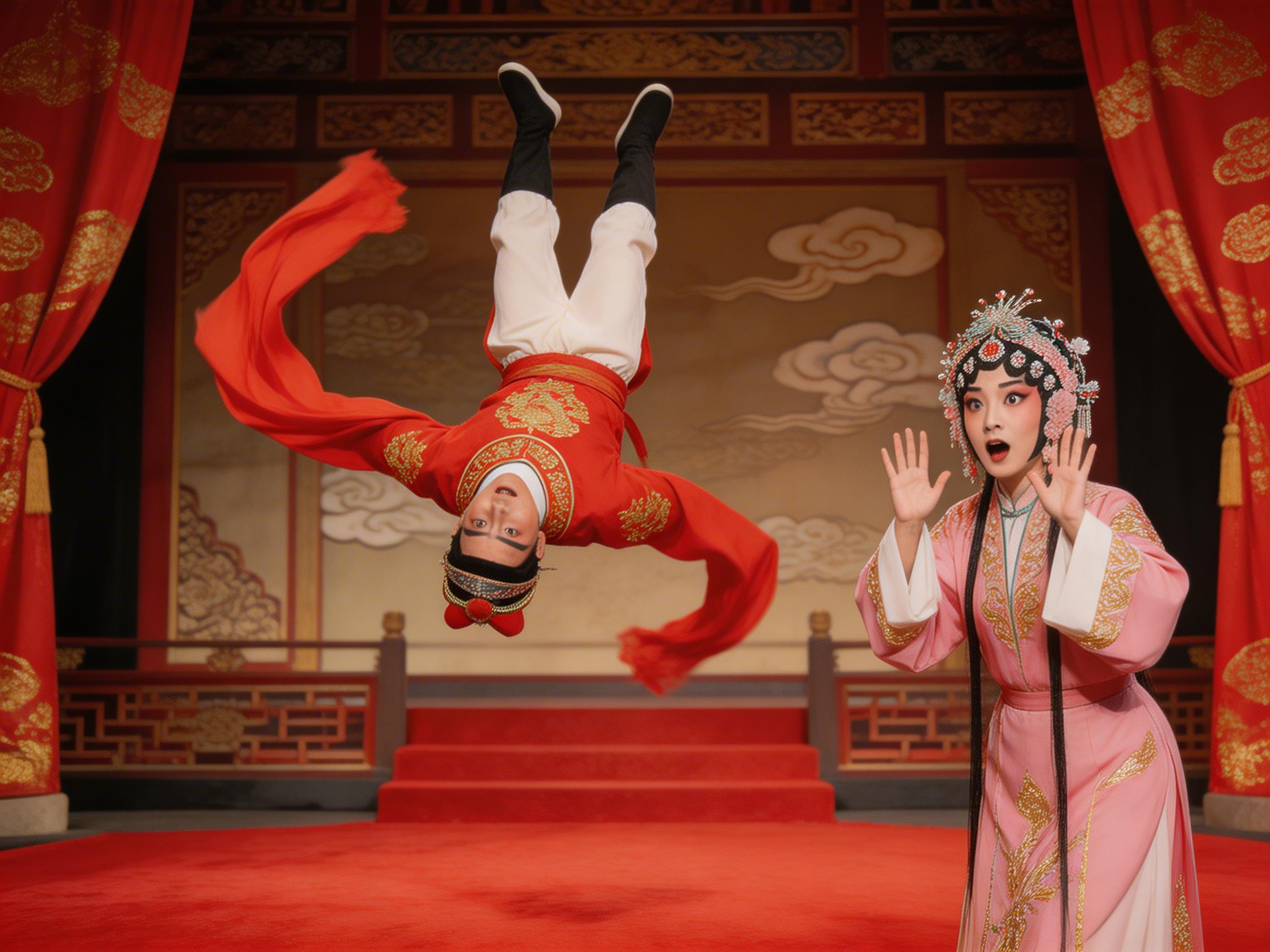 图中展示了一个充满戏剧张力的京剧舞台场景。画面中心，一名身着红色绣金戏服、头戴红冠的武生正处于身体完全倒置的腾空状态，双腿朝天，长袖在空中飞舞，呈现出一种超现实的翻滚姿态。右侧站立着一位身穿粉色精致戏服、头戴华丽凤冠的旦角，她双手举起，面露惊恐和诧异的神情。背景是古色古香的戏台，绘有祥云图案，地面铺着鲜艳的红地毯。

画面存在明显的 AI 生成缺陷：最显著的是悬浮武生的面部结构异常，五官扭曲且透视不合理，其身体与四肢的连接显得僵硬且不符合人体解剖学。右侧旦角的手部细节模糊，手指数量和形状不够自然。此外，武生在空中的姿态缺乏重力感，与背景的融合度略显生硬，整体构图虽具冲击力，但物理逻辑存在明显偏差。