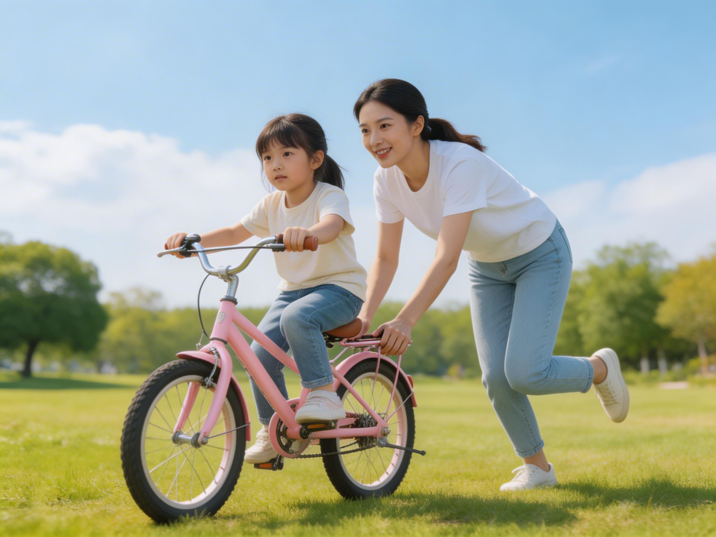 图中展现了一个充满阳光的温馨户外场景，一位年轻女性正在草地上教一名小女孩骑粉色自行车。女性身穿白色短袖和浅蓝色牛仔裤，正弯腰扶着自行车的后座，脸上带着鼓励的微笑。小女孩约五六岁，扎着马尾辫，神情专注地握着车把。背景是广阔的绿草地、茂密的树木和晴朗的蓝天白云，整体色调明亮清新。

然而，画面中存在多处明显的 AI 生成缺陷：首先，女性的左手手指显得细长且扭曲，与自行车后座的接触位置模糊不清；其次，自行车的结构存在逻辑错误，前轮的刹车线悬空且未连接到手刹，脚踏板区域的链条与齿轮连接方式异常；最明显的错误在于女性的右腿，其小腿部分似乎直接从大腿处消失或发生了严重的透视扭曲，导致其跑步姿态看起来非常不自然。此外，女孩左脚下方的脚踏板也显得模糊且形状不完整。