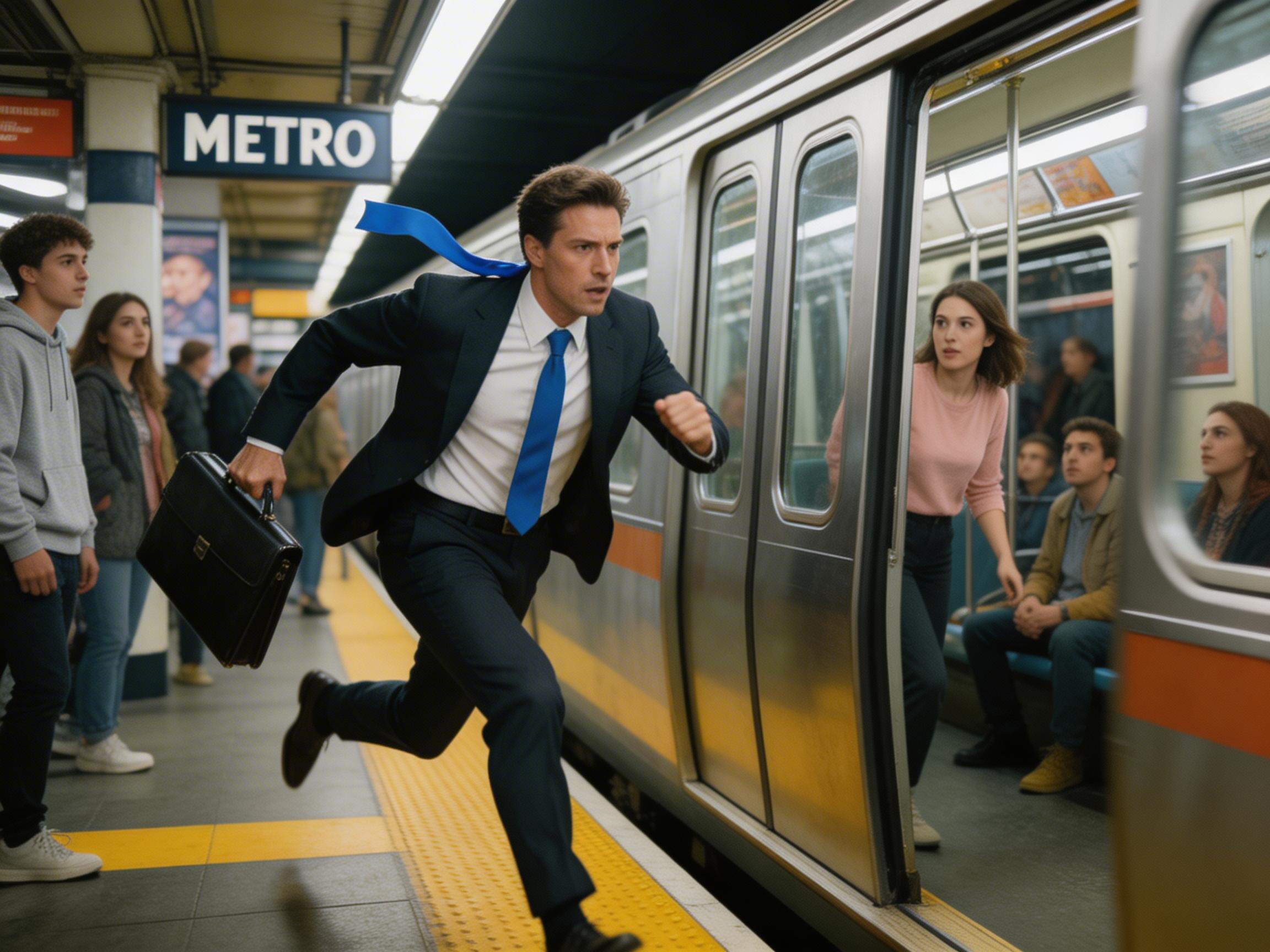 图中展现了一个充满动感的地铁站场景。画面中心，一名穿着深蓝色西装、白衬衫并系着亮蓝色领带的职场男性正神色焦急地在站台上奔跑，他右手提着黑色公文包，领带随风向后飘起，似乎在追赶即将关门的地铁。背景是一列银色车身的地铁，车门处站着一位穿粉色上衣的女性，正惊讶地看着他。站台上还有其他候车的乘客，上方悬挂着写有“METRO”字样的蓝色标牌。

画面存在明显的 AI 生成缺陷：最显著的是奔跑男性的领带，领带末端竟然穿透了他的右肩，悬浮在半空中，完全脱离了物理常识；男性的左手握拳姿势僵硬，手指结构模糊；背景中站台边缘的黄色盲道线在男性的脚部位置出现了断裂和透视扭曲；此外，地铁车厢内部的乘客面部细节较为模糊，且车门边缘的线条与站台衔接处显得不够自然。