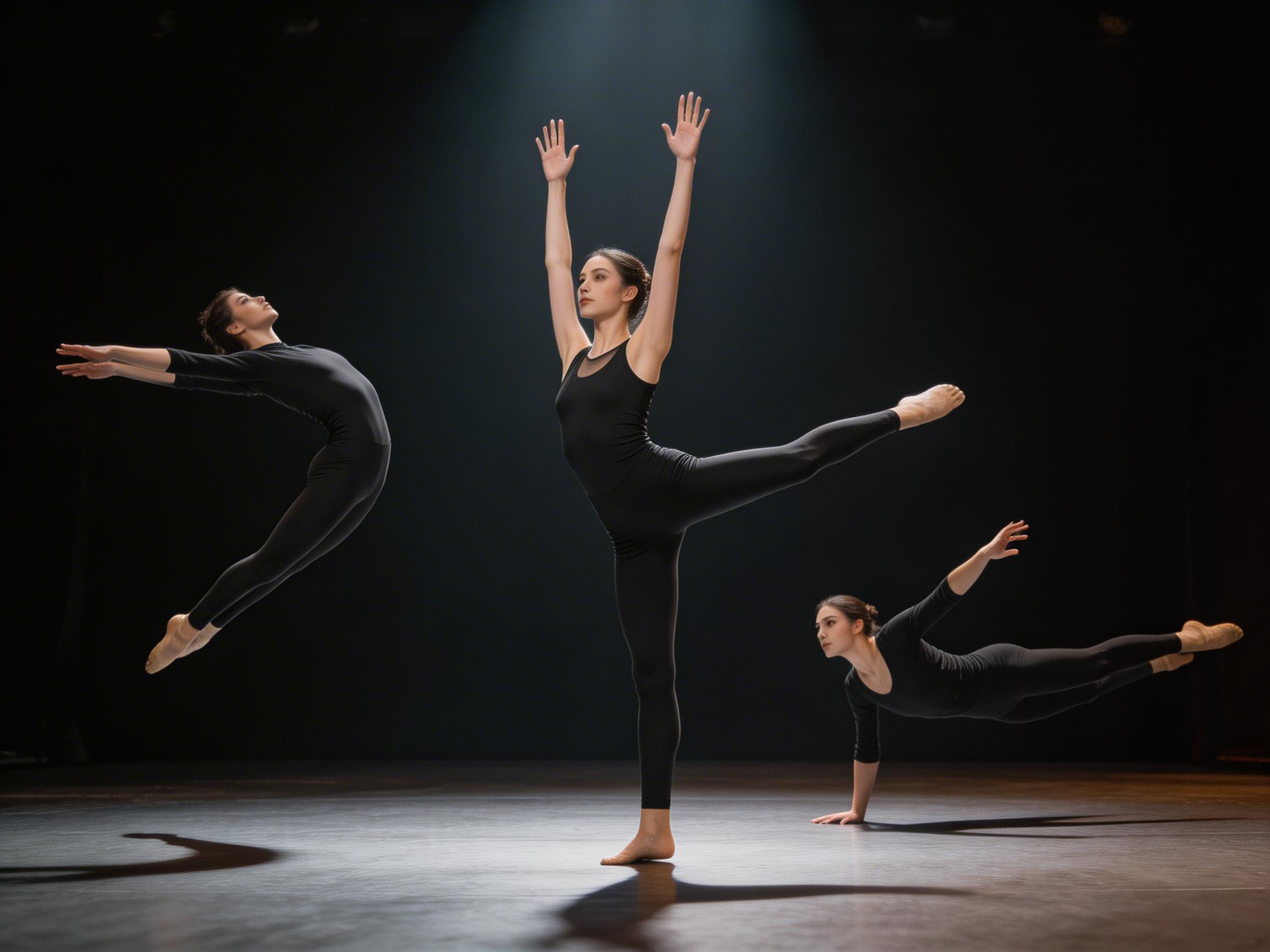 图中展示了一个昏暗的舞台场景，三位身着黑色紧身练功服的女性舞者在聚光灯下表演。画面中心的一位舞者单脚站立，双手高举，另一条腿向后平平抬起，姿态优雅。左侧的舞者正向后跃起，身体呈反弓形；右侧的舞者则单手撑地，身体水平悬浮在空中。背景是纯黑色的，一道强烈的顶光垂直照射在中心舞者身上，在灰褐色的地板上投下清晰的阴影。

然而，画面中存在明显的 AI 生成缺陷：最显著的是右侧撑地舞者，她的左腿在脚踝处凭空多出了一只脚，形成了“双脚并生”的畸形结构；左侧跃起舞者的双手手指模糊且重叠，呈现出不自然的锯齿状；中间站立舞者的右手手指数量异常，显得过于细长且扭曲。此外，右侧舞者单手支撑全身并保持身体水平的姿势违背了物理重力常识，透视关系显得非常生硬。