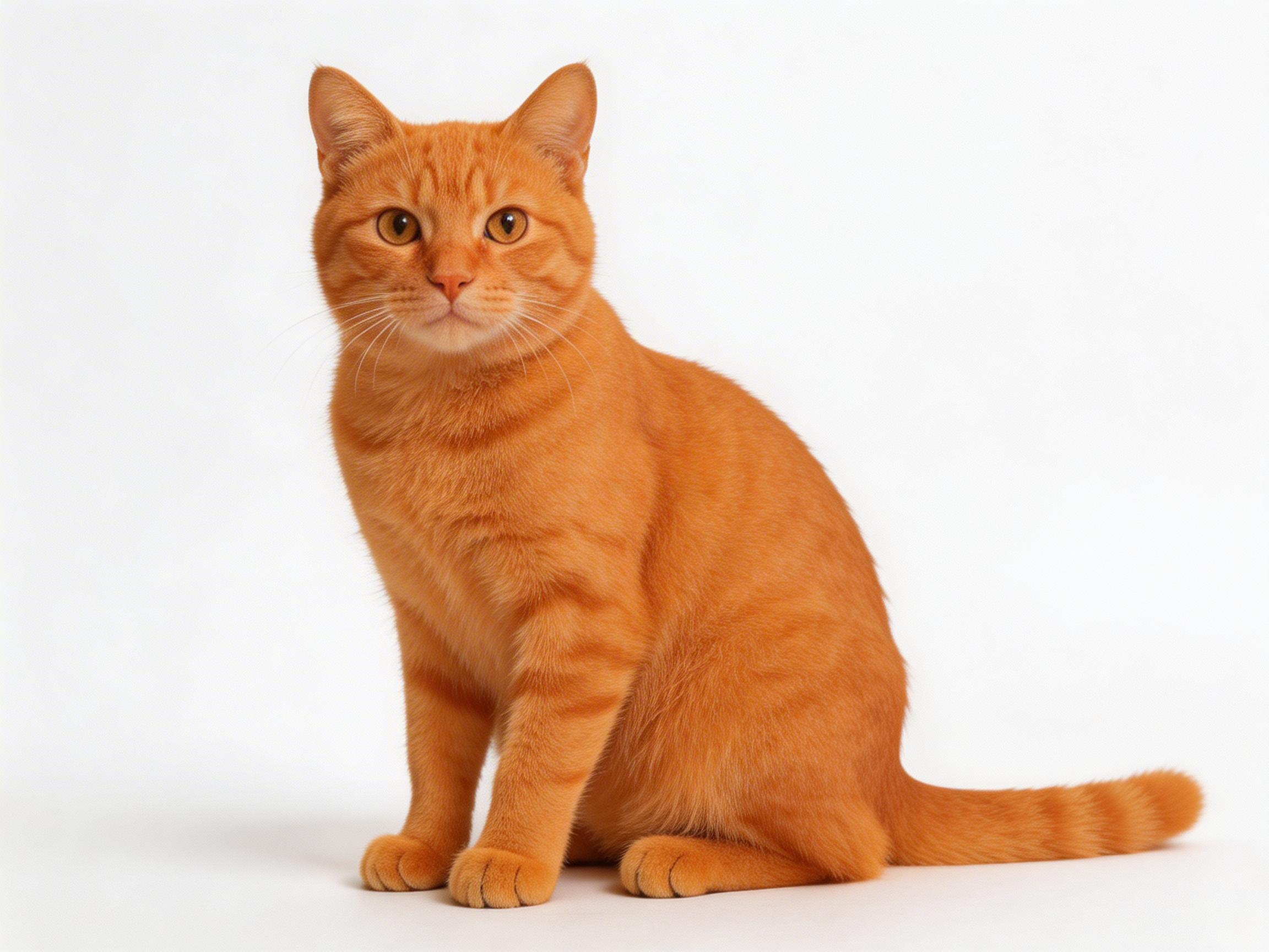 图中展示了一只拥有鲜艳橙色毛发的橘色虎斑猫，它正端坐在纯白色的背景中央。这只猫身体略微侧向右方，但头部正对着镜头，眼神平静而专注。它的毛皮呈现出深浅交替的橙色条纹，质感看起来柔软且浓密。猫的耳朵直立，胡须细长，眼睛呈温暖的琥珀色。

在 AI 生成的细节方面，画面存在明显的逻辑缺陷：最显著的问题在于猫的肢体结构异常，画面下方可以看到它似乎长出了五条腿或多余的爪子，且爪子的排列位置不符合解剖学逻辑，显得杂乱交错。此外，猫的尾巴从身体后方伸出，但与身体连接处的透视略显生硬。尽管整体光影柔和、色彩饱和度高，给人一种干净的影棚摄影感，但多出的肢体清晰地揭示了这是由 AI 生成的图像。