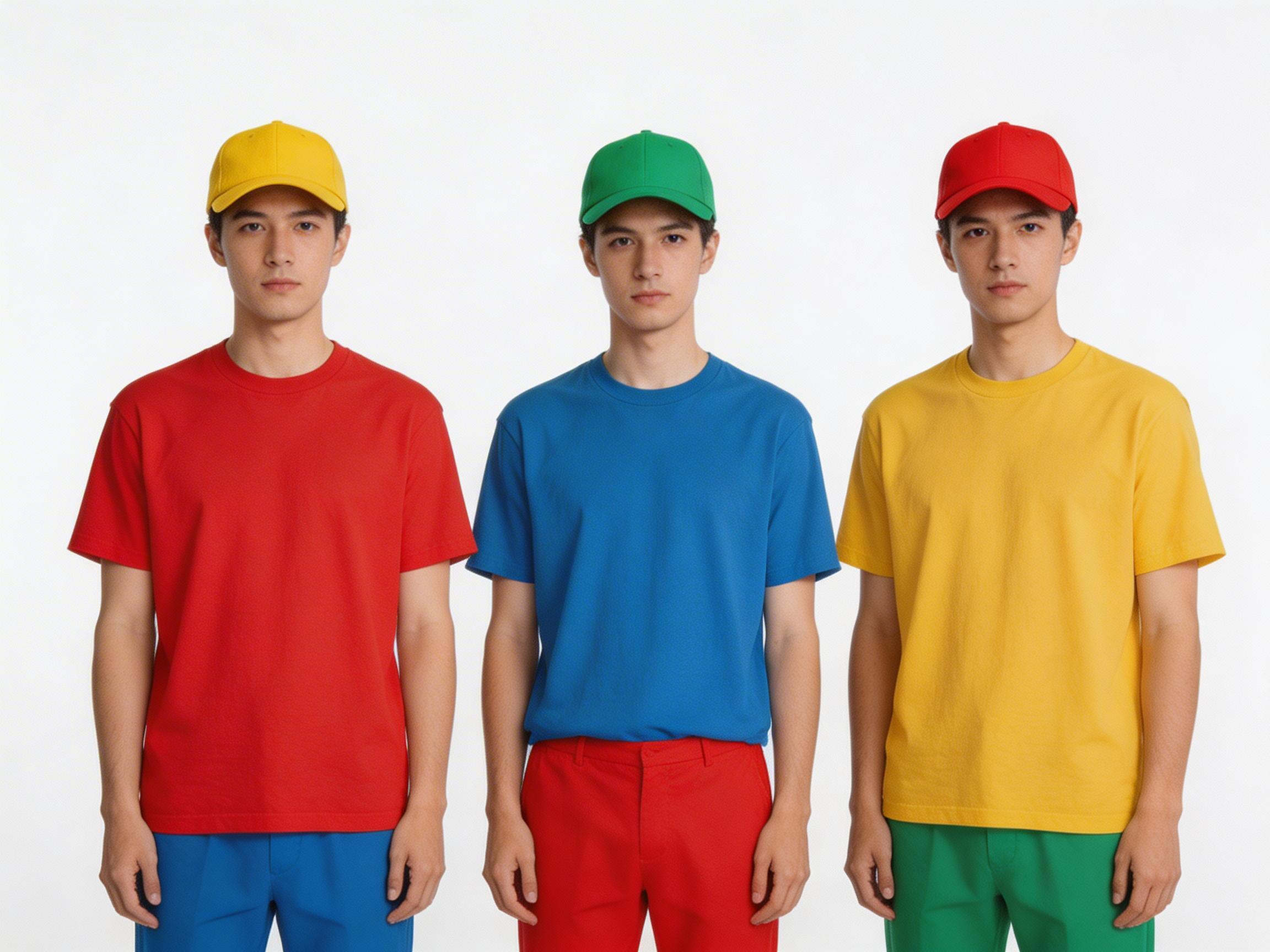 图中展示了三名长相几乎完全相同的年轻男子，并排站立在纯白色背景前。他们都戴着纯色棒球帽，穿着纯色短袖T恤和长裤，色彩呈现出鲜明的红、黄、蓝、绿对比。左侧男子戴黄帽、穿红衣蓝裤；中间男子戴绿帽、穿蓝衣红裤；右侧男子戴红帽、穿黄衣绿裤。构图对称，光影均匀。画面中存在明显的 AI 生成缺陷：三人的面部特征高度一致，如同复制粘贴；最显著的问题在于手部，左侧男子的左手手指比例失调且扭曲，中间男子的右手手指过长且形态僵硬，右侧男子的双手手指也显得模糊且结构不合理。此外，衣服的褶皱感略显生硬，缺乏真实布料的自然垂坠感。