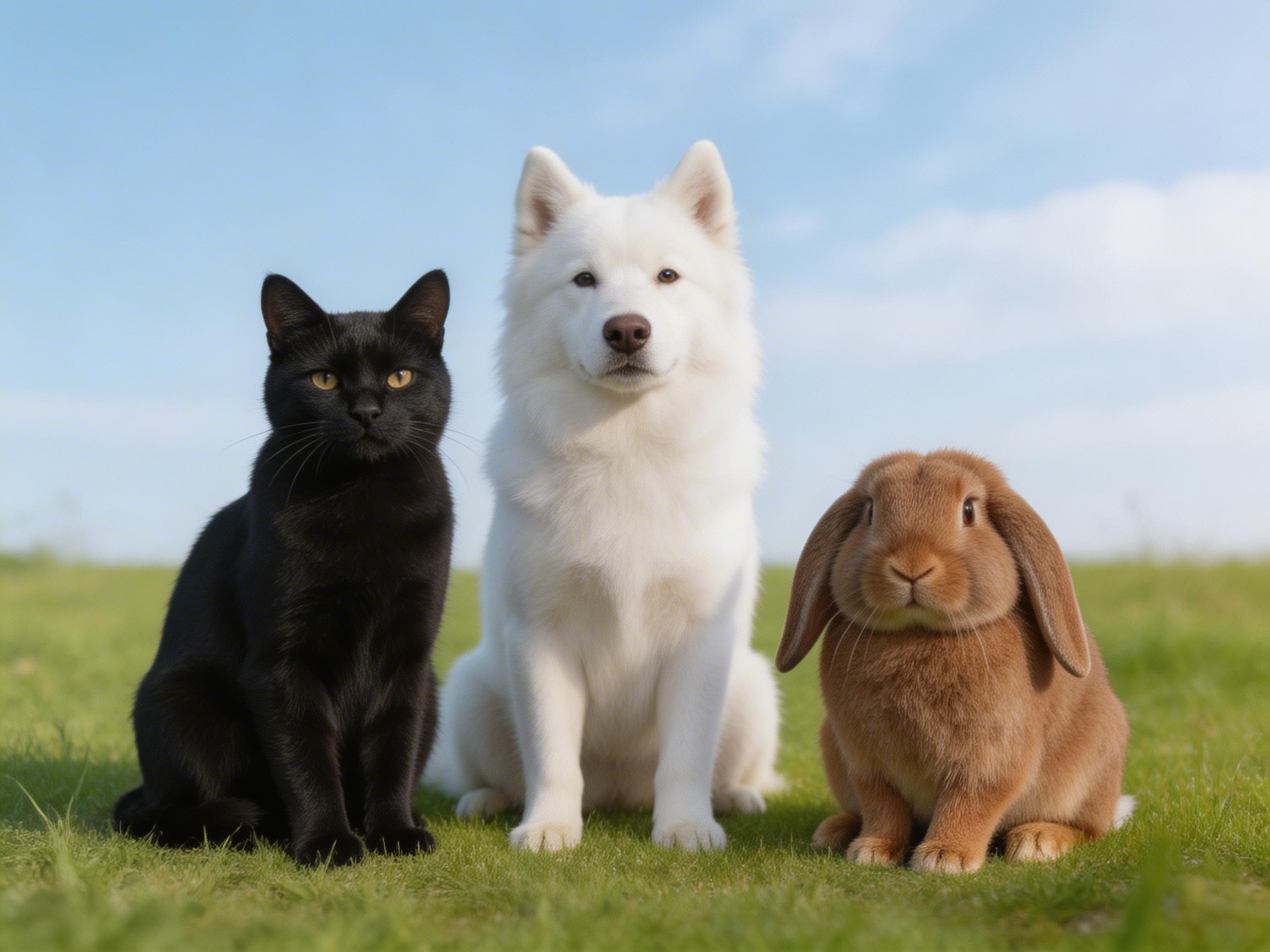 画面中，三只不同种类的宠物并排坐在一片绿油油的草地上，背景是清澈的蓝天，光线明亮柔和。位于中心的是一只体型较大的白色萨摩耶犬，它毛发蓬松，神情温和地注视着前方。左侧是一只通体漆黑的猫，金黄色的眼睛十分醒目，坐姿端正。右侧是一只棕色的垂耳兔，耳朵长长地垂在身体两侧，模样憨态可掬。构图平衡，色彩对比鲜明，呈现出一种跨物种和谐相处的温馨氛围。

然而，画面中存在明显的 AI 生成缺陷：最左侧黑猫的前肢结构异常，左前腿看起来比右前腿粗壮许多，且脚掌的形状模糊，与草地的衔接不够自然；中间白狗的后腿部分与身体的连接逻辑混乱，显得有些支离破碎；右侧兔子的面部五官略显僵硬，且其左侧脚爪的趾头数量和分布不符合生物常理。此外，三只动物在草地上的阴影表现不一，透视感略显失真。