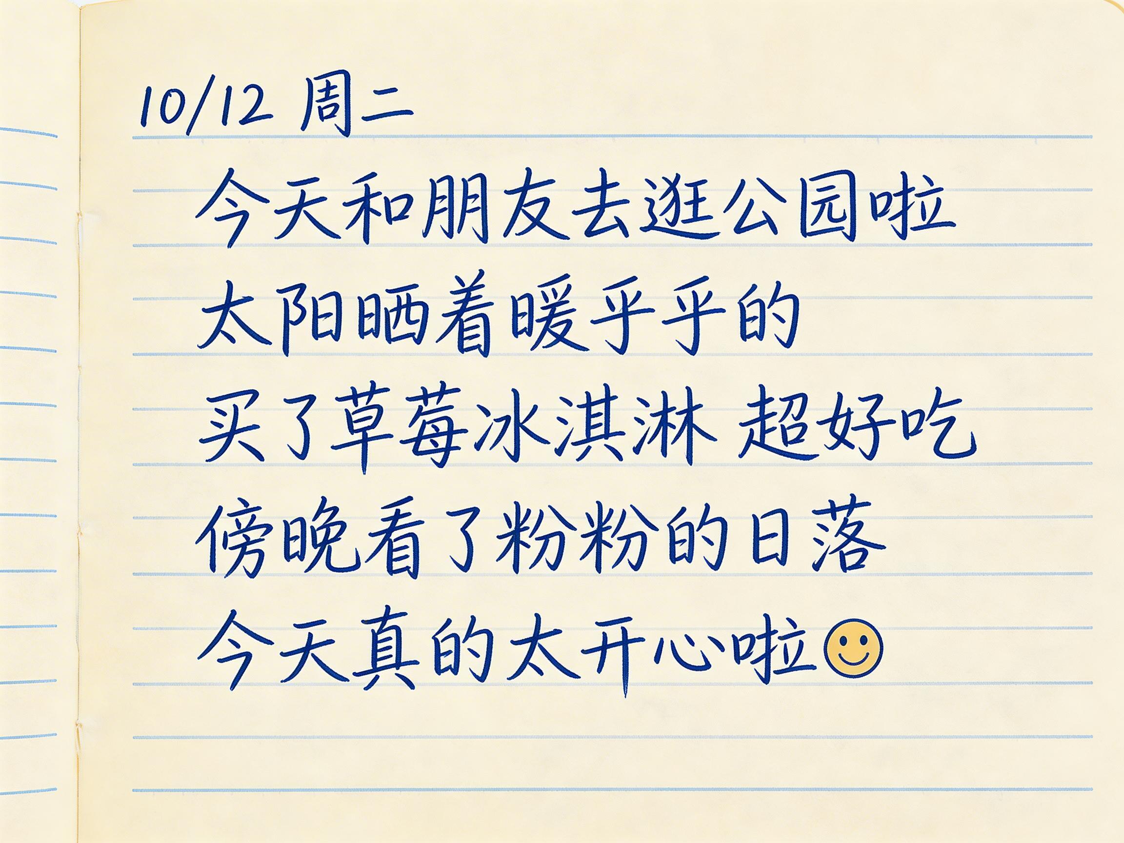 图中展示了一张模拟手写日记的画面。背景是略显泛黄的横格纸，左侧带有笔记本装订线的边缘。纸上用深蓝色的手写体记录了一段文字，内容为：“10/12 周二，今天和朋友去逛公园啦，太阳晒着暖乎乎的，买了草莓冰淇淋 超好吃，傍晚看了粉粉的日落，今天真的太开心啦”，末尾还画了一个简笔画笑脸。

画面整体色调温馨简洁，构图居中。作为 AI 生成的图像，其主要缺陷在于文字与横格线的关系处理不自然：部分文字的笔画完全悬浮在横格线之上，没有体现出纸张书写的压痕感；且文字的排列过于整齐划一，每个重复出现的字符（如“的”、“天”）字迹几乎完全一致，缺乏真实手写应有的随机变化。此外，背景纸张的纹理在边缘处显得有些模糊，透视感略显生硬。