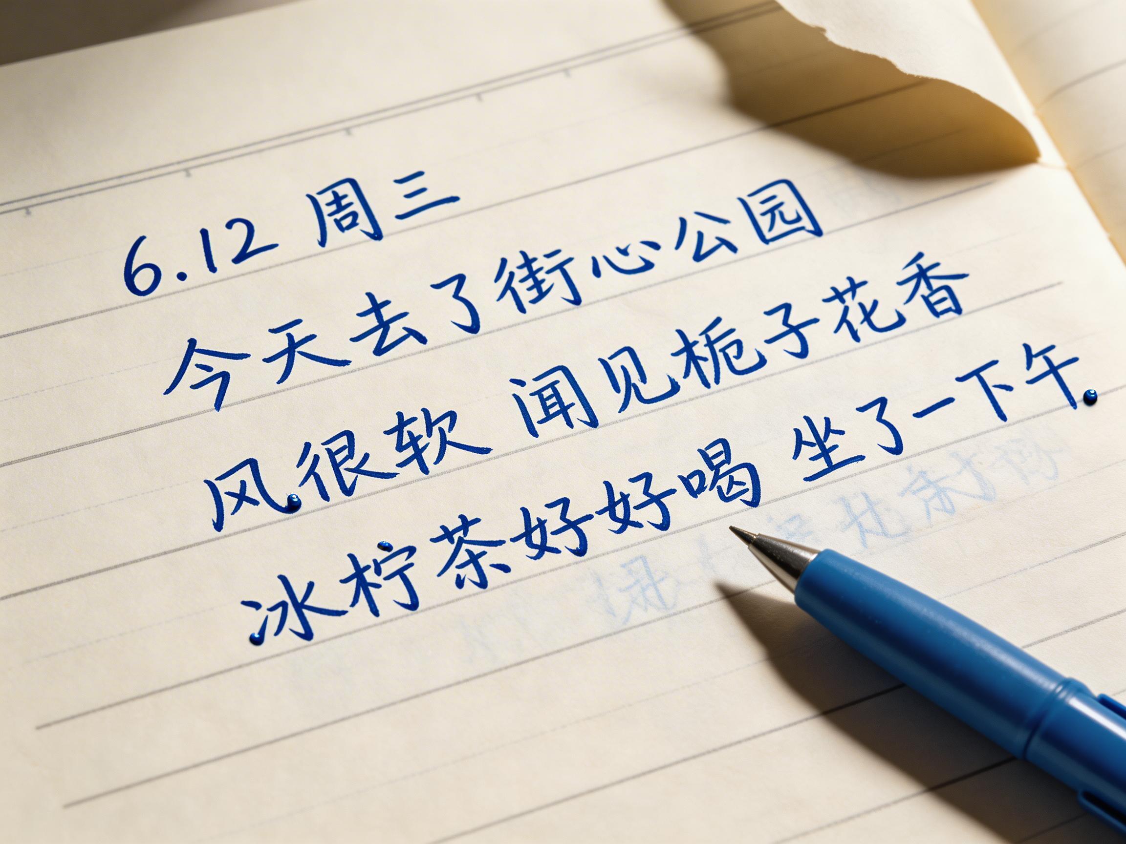 图中展示了一张近距离拍摄的笔记本页面，纸张呈现温暖的米白色，上面带有浅灰色的横线。页面上用蓝色圆珠笔书写着四行简体中文，内容记录了 6 月 12 日周三去街心公园游玩的随笔，文字清秀。一支蓝色的圆珠笔斜放在右下角，笔尖指向文字。光线从左上方照射，在纸面上留下了柔和的阴影，右上角的纸张边缘略微卷起，营造出一种生活化的温馨氛围。

在 AI 生成的细节方面，存在一些明显的逻辑缺陷：首先，文字下方出现了模糊的重影或透光现象，看起来像是纸张背面有字透过来，但字迹形状扭曲且不自然。其次，右下角的蓝色圆珠笔构造异常，笔尖金属部分与塑料笔杆的连接处缺乏真实的物理结构，且笔杆末端似乎没入纸面或消失了。此外，纸张最上方的横线与边缘的透视关系略显生硬，卷起的纸角阴影处理也稍欠真实感。
