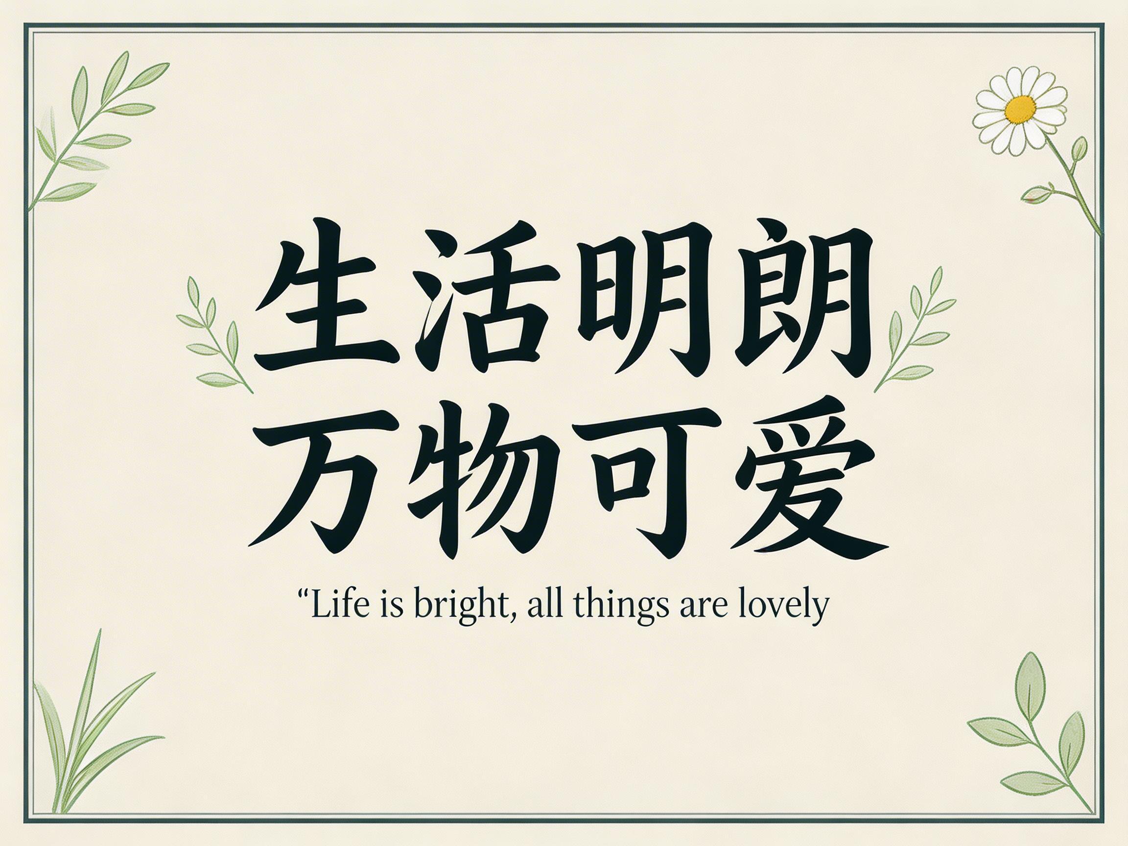 图中展示了一张具有清新文艺风格的装饰性卡片。背景为柔和的米白色，带有细微的纸张纹理感。画面中央是两行醒目的黑色书法体中文字：“生活明朗，万物可爱”，字体苍劲有力。中文字下方配有一行较小的英文翻译：“Life is bright, all things are lovely”。画面四周点缀着简约的手绘风植物元素，包括淡绿色的细长叶片和右上角一朵白瓣黄蕊的小雏菊。整个构图平衡，色彩淡雅，给人一种治愈和积极向上的感觉。在 AI 生成的细节方面，虽然文字书写基本正确，但仔细观察可以发现，中文书法的部分笔画末端存在不自然的锯齿感或轻微的墨迹晕染异常，且英文引号的样式略显生硬，这是 AI 在处理特定字体边缘时常见的渲染痕迹。此外，左下角的草丛线条略显凌乱，与整体简约的风格稍有出入。