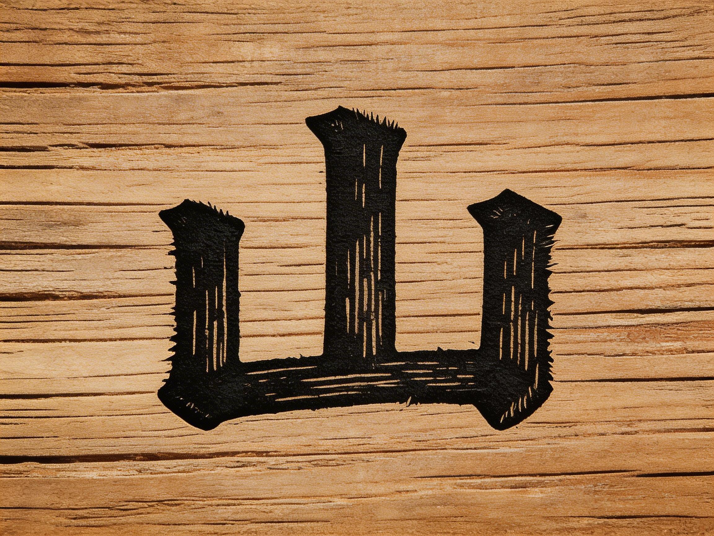 图中展示了一个印在浅棕色木纹背景中央的黑色汉字“山”。背景是具有粗糙质感的木板，水平方向的木头纹理和裂缝清晰可见，色调温暖，呈现出自然的木质色泽。画面中心的“山”字采用了类似书法或版画的艺术风格，笔画厚重，边缘带有不规则的锯齿状毛边，仿佛是用浓稠的墨汁直接涂抹或刻印在木头上。

作为一张 AI 生成的图片，画面中存在一些明显的逻辑缺陷：首先，汉字的笔画内部出现了与背景木纹方向不一致的垂直细纹，这在真实的墨印或雕刻中是不合理的。其次，字体的边缘毛刺分布过于均匀且生硬，缺乏真实笔触的自然流动感。最明显的异常在于，汉字底部的横画与两侧竖画的连接处显得模糊且结构含混，左侧竖画的底部甚至出现了一个多余的、不规则的黑色突起，破坏了汉字标准的间架结构。