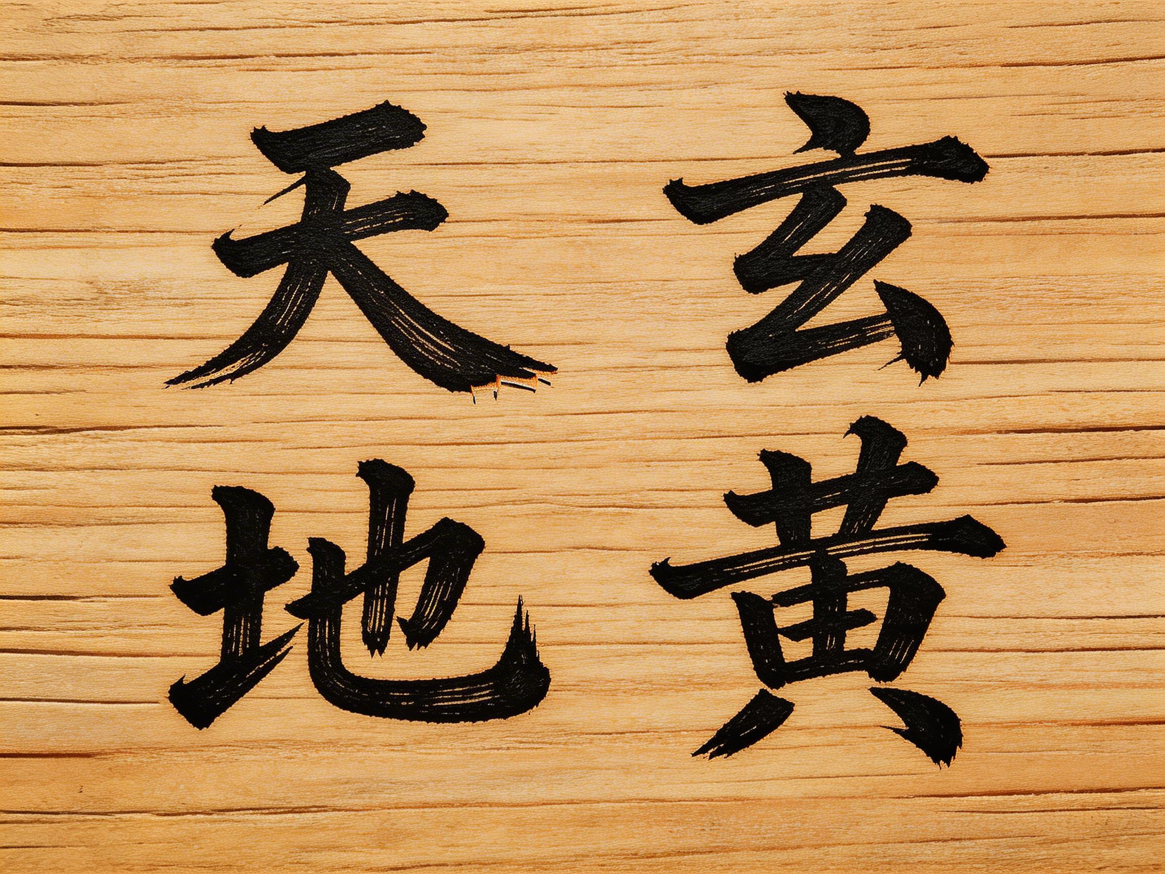 图中展示了一块具有清晰横向木质纹理的浅棕色木板，木板上书写着四个黑色的书法体汉字。这四个字分两行排列，从右向左、从上往下依次为“玄”、“天”、“黄”、“地”，取自《千字文》开篇的“天地玄黄”。字迹呈现出毛笔书法的质感，带有明显的飞白效果，墨色浓郁。

画面中存在明显的 AI 生成缺陷：首先，文字的排列顺序与传统阅读习惯不符，且“天”字的捺画末端出现了不自然的橙色分叉线条，像是画笔故障或像素溢出；其次，“地”字的钩部和“黄”字的撇画末端略显生硬，缺乏真实书法的连贯气韵；最后，木板的纹理过于规整且在文字边缘处有轻微的扭曲感，显示出数字合成的痕迹。整体构图简洁，色彩对比鲜明，但细节处仍有待完善。