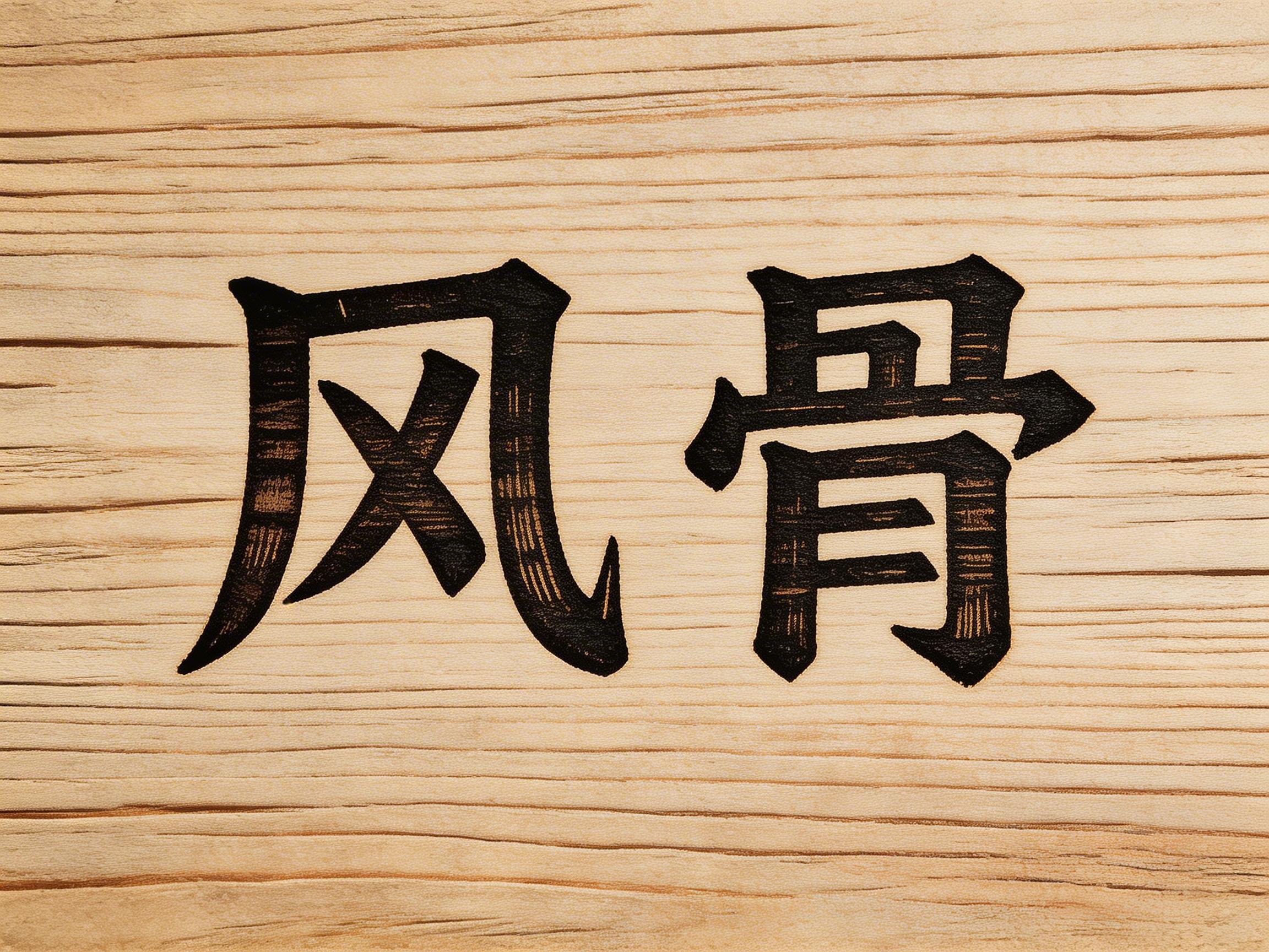 图中展示了一块具有清晰横向木纹的浅棕色木板，背景色调温暖且自然。画面中心并排排列着两个深黑色的简体中文字——“风骨”。这两个字采用了类似隶书或魏碑风格的艺术字体，笔画厚重且边缘带有微微的锯齿感，仿佛是直接在木头上烙印或雕刻而成的。文字的内部还隐约透出一些细微的横向纹理，使其与木质背景在视觉上更加融合。

在 AI 生成的细节方面，存在一些明显的逻辑缺陷：首先是文字结构，“风”字的内部交叉笔画显得有些生硬且不符合常规书法逻辑，而“骨”字下半部分的“月”字底被简化成了一个类似方框的结构，缺失了内部的两横。此外，背景的木纹虽然清晰，但在文字笔画的边缘处，木纹的连续性显得有些不自然，部分纹路与字体的交界处处理得过于平滑，缺乏真实雕刻或烙印应有的物理凹凸感和阴影细节。