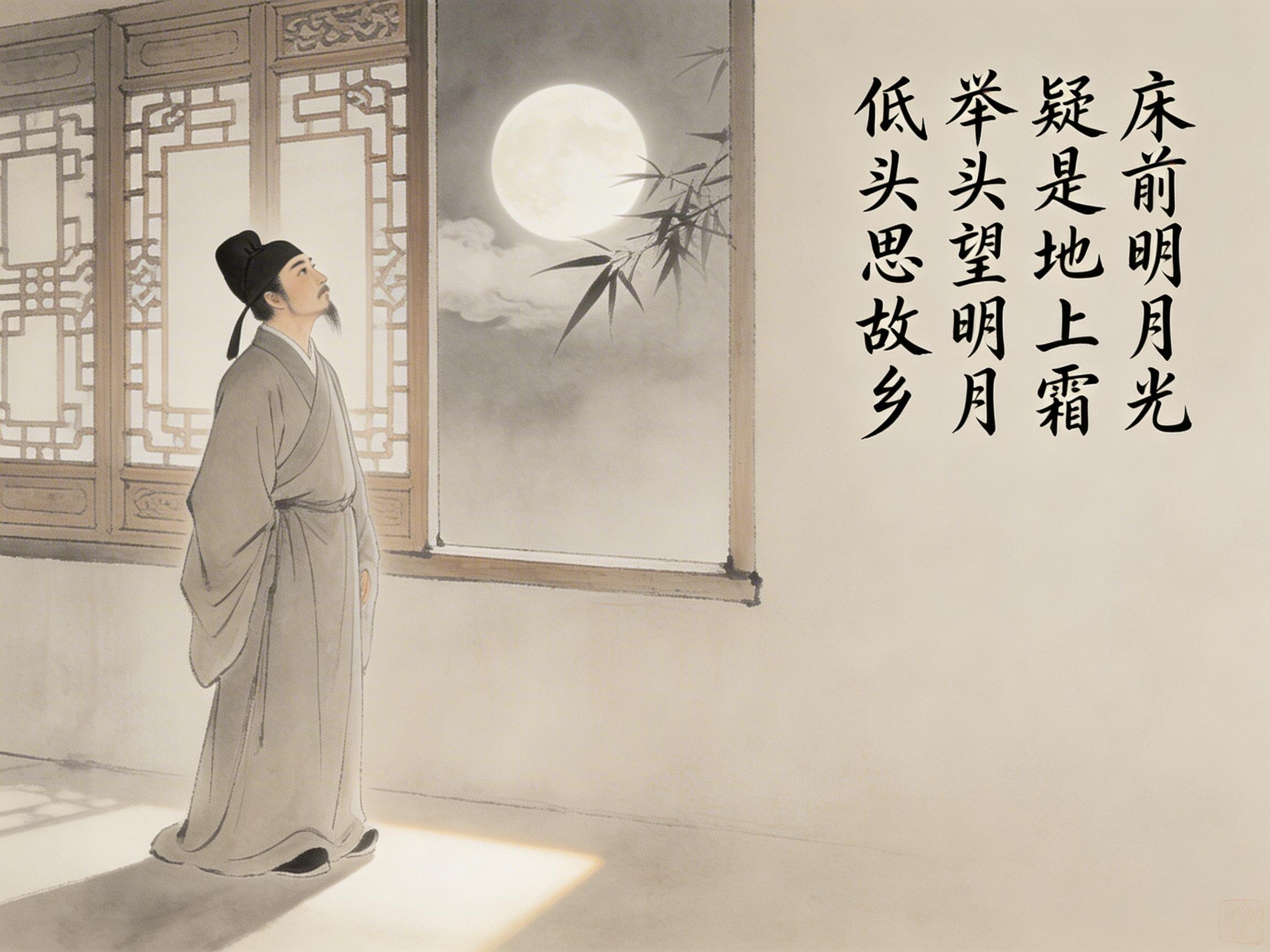 图中展现了一幅具有中国传统水墨画风格的场景，描绘了唐代诗人李白创作《静夜思》的意境。画面左侧，一位身着灰色长袍、头戴黑色幞头的诗人侧身站立，正抬头仰望窗外的明月。背景是一扇雕花木窗，窗外悬挂着一轮圆润皎洁的满月，几抹淡云和竹叶疏影横斜，营造出清冷宁静的氛围。画面右侧配有黑色的行书字体，书写着著名的诗句。整体色调以淡雅的米色和灰色为主，给人以古朴之感。

在 AI 生成的细节方面，存在一些明显的逻辑缺陷：首先，诗人的双手完全消失在宽大的袖口中，且袖子的褶皱纹理略显生硬，缺乏真实下垂的质感；其次，窗户的透视关系不够严谨，左侧的雕花窗棂与中间的窗框衔接显得有些突兀；此外，地面上的月光投影呈现为一个规则的长方形色块，与窗户的形状及自然光影的散射规律不符，显得较为生硬。
