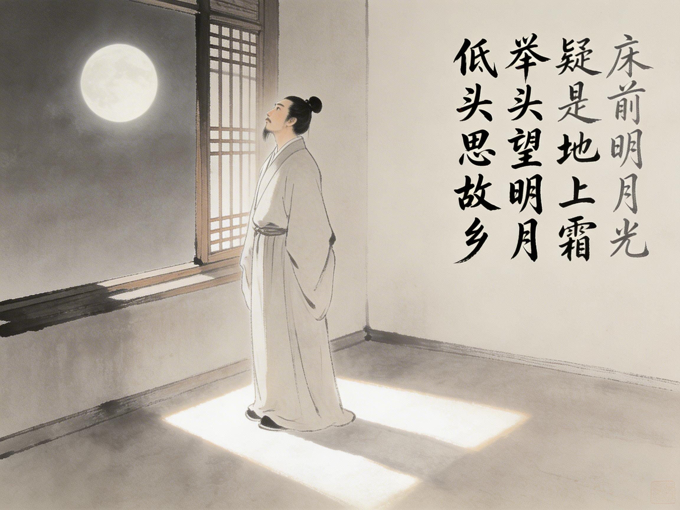图中展现了一幅具有中国水墨画风格的场景，描绘了李白《静夜思》的诗意。画面中央站立着一位身着白色古装长袍、头挽发髻的诗人，他正抬头凝望着窗外夜空中一轮硕大圆润的明月。月光透过木质格窗洒进室内，在诗人脚下的地面上形成了一块明亮的矩形光斑。画面右侧配有黑色的书法字体，书写着这首著名的唐诗。整体色调以淡雅的米白色和灰色为主，营造出一种宁静而略带忧伤的思乡氛围。在 AI 生成的细节方面，存在明显的逻辑缺陷：诗人脚下的月光投影位置与窗户及月亮的实际角度不符，光斑像是直接从脚底生出的；此外，诗人的双手完全消失在宽大的袖口中，缺乏肢体结构的衔接；背景墙壁的线条在转角处略显生硬，缺乏真实建筑的透视感。