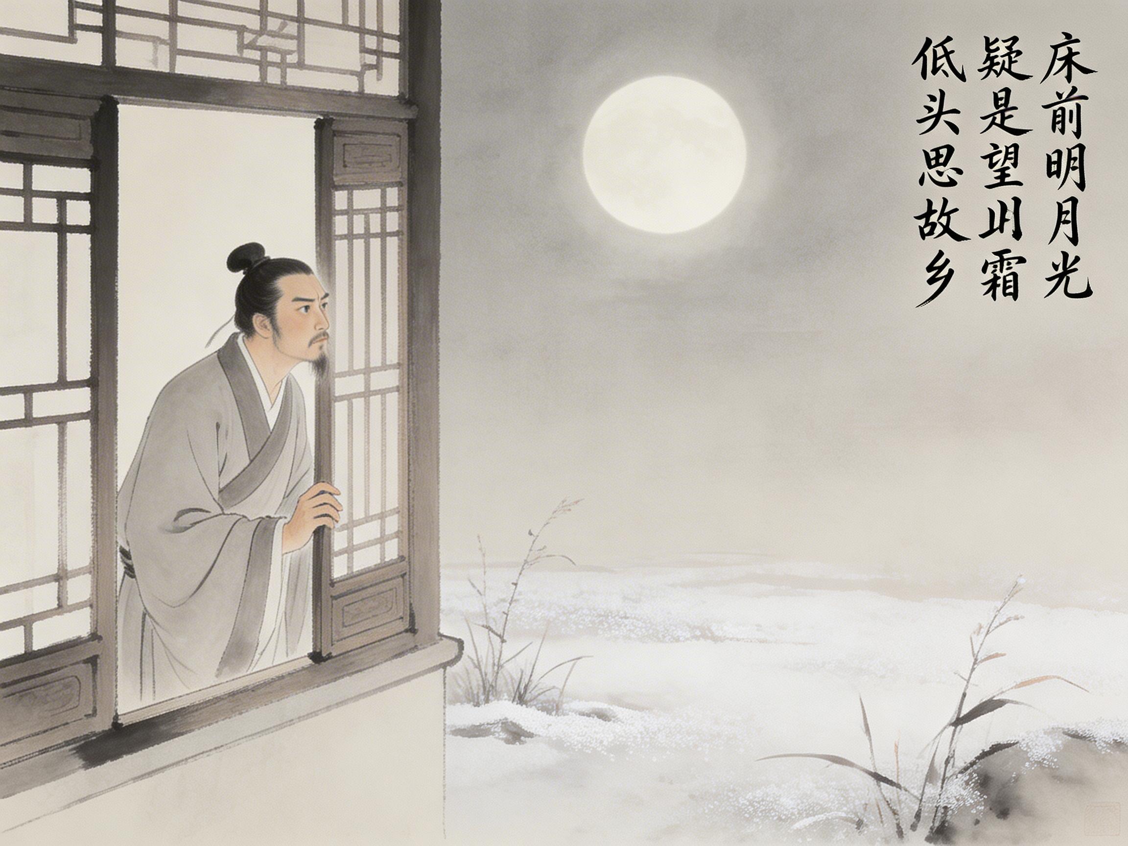 图中展现了一幅具有中国传统水墨画风格的场景，描绘了李白《静夜思》的诗意。画面左侧，一位身着灰色古装长袍、头挽发髻的男子正倚靠在木质窗边，神情忧郁地望向窗外。窗外是一轮硕大而圆润的明月，悬挂在灰蒙蒙的夜空中，月光洒在地面上，呈现出一片如霜雪般的洁白。画面右侧竖排书写着黑色的行书诗句。整体色调淡雅，以灰、白、棕为主，营造出一种冷清、思乡的氛围。

在 AI 生成的细节方面，存在明显的逻辑和结构缺陷：首先，男子的手部结构异常，扶着窗框的手指数量和关节连接显得生硬且不自然；其次，文字内容出现了明显的错误，诗句中的“地上霜”被错误地写成了“山霜”，且字迹的笔画在细节处有断裂和扭曲；此外，窗户的木质格栅线条不够平直，与墙体的透视关系略显模糊，左侧窗框的边缘处理也显得有些生硬。
