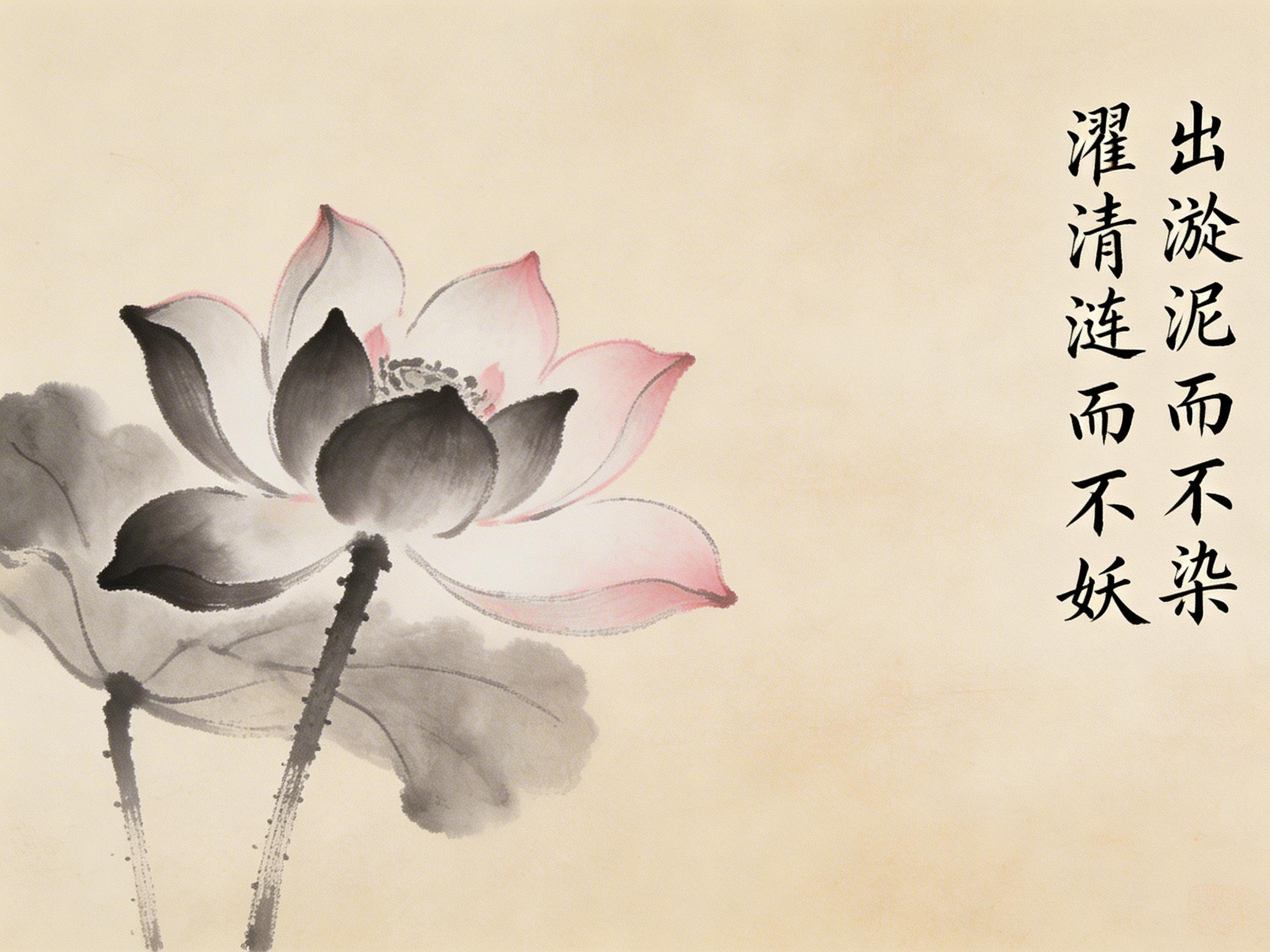 图中展现了一幅具有中国传统水墨画风格的荷花图。画面背景呈现出温暖的淡米黄色，带有宣纸般的细腻纹理。左侧是一朵盛开的荷花，花瓣边缘晕染着淡淡的粉红色，而靠近花心的部分则使用了浓重的黑色水墨，形成鲜明的色彩对比。荷花下方有两片浓淡不一的水墨荷叶，花茎上布满了细小的刺点。画面右侧竖排书写着黑色的行书汉字：“出淤泥而不染，濯清涟而不妖”。

在 AI 生成的细节方面，存在一些明显的逻辑缺陷：首先，文字部分虽然字迹清晰，但排列略显拥挤，且部分笔画的连贯性显得生硬，缺乏真实书法中的气韵。其次，荷花的结构存在透视异常，花瓣的生长层次显得有些混乱，尤其是深色水墨花瓣与浅色花瓣的交接处缺乏自然的过渡。此外，左下角的荷叶与茎干的连接处处理得较为模糊，不符合植物的自然生长逻辑。