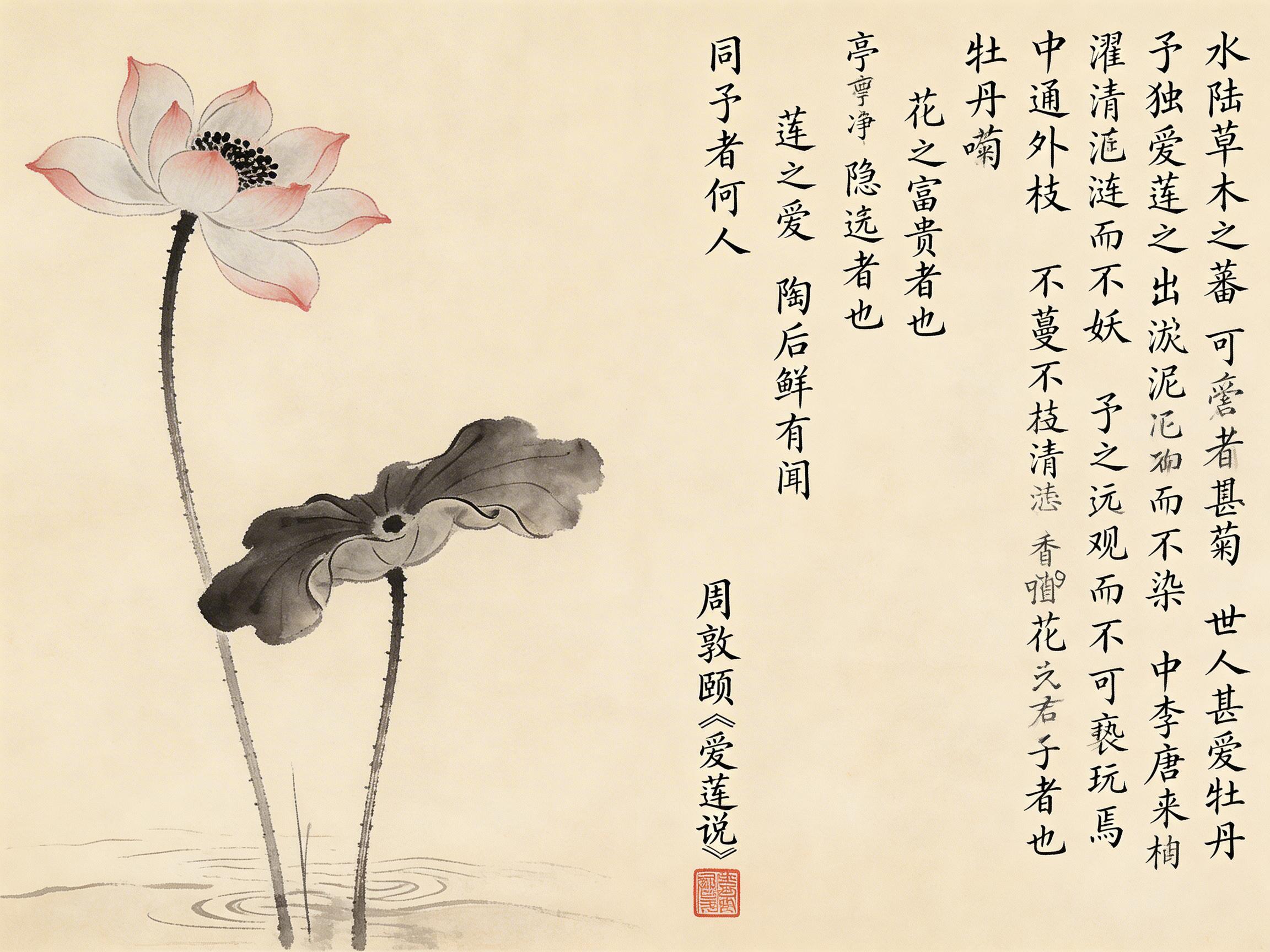 图中展示了一幅仿中国传统水墨画风格的横向构图作品。画面左侧绘有一朵盛开的粉白色荷花，花瓣尖端带有淡淡的红晕，花蕊呈黑色点状；下方是一片用浓淡墨色晕染而成的荷叶。荷花的茎部细长且带有毛刺感，立于泛起微弱波纹的水面之上。画面右侧占据了约三分之二的篇幅，书写着周敦颐的《爱莲说》全文，字体为行楷，落款处有一枚红色的方形印章。背景呈现出古朴的淡米色宣纸质感。

在 AI 生成的细节方面，画面存在明显的逻辑与文字错误：首先，右侧的书法文字出现了大量的错别字、乱码和笔画缺失，例如“濯清涟”被误写为无法辨认的形近字，“香远益清”变成了奇怪的组合，且文字排列略显拥挤不均；其次，荷花的结构略显僵硬，花瓣的透视关系不够自然；最后，水面的波纹线条过于机械，缺乏传统水墨画中灵动的笔触感。