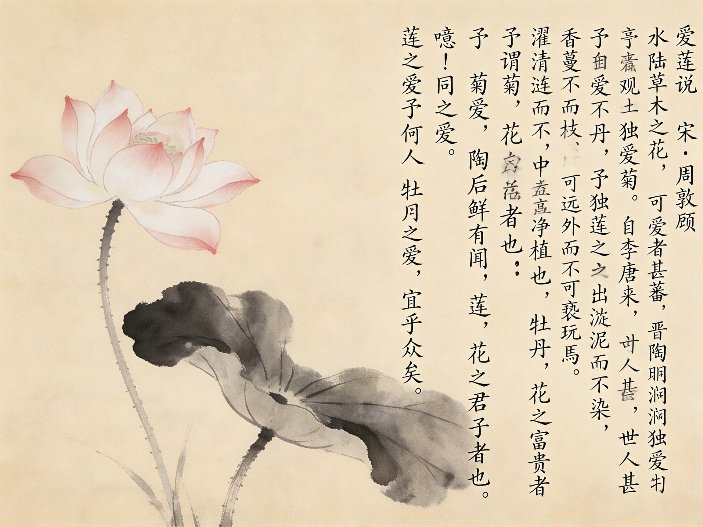 图中展示了一幅仿古风格的水墨画，背景为淡雅的米黄色宣纸质感。画面左侧绘有一朵盛开的粉白色荷花，花瓣尖端带有淡淡的红晕，下方衬托着一片巨大的、深浅不一的墨色荷叶。画面右侧配有竖排书写的简体中文书法，内容为北宋周敦颐的《爱莲说》。整体构图疏密有致，营造出一种清净高洁的意境。

然而，画面中存在明显的 AI 生成缺陷：首先是文字部分，书法字体虽然形态各异，但出现了大量的错别字、生僻字替代以及逻辑不通的笔画堆砌（如“亭斋”误作“亭窬”、“亵玩焉”误作“亵玩馬”等），且部分文字结构扭曲，无法正常阅读。其次，在图像细节上，荷花的茎部布满了细小的黑色斑点，显得不够自然，左下角的水草线条也略显杂乱，缺乏传统国画的笔墨神韵。