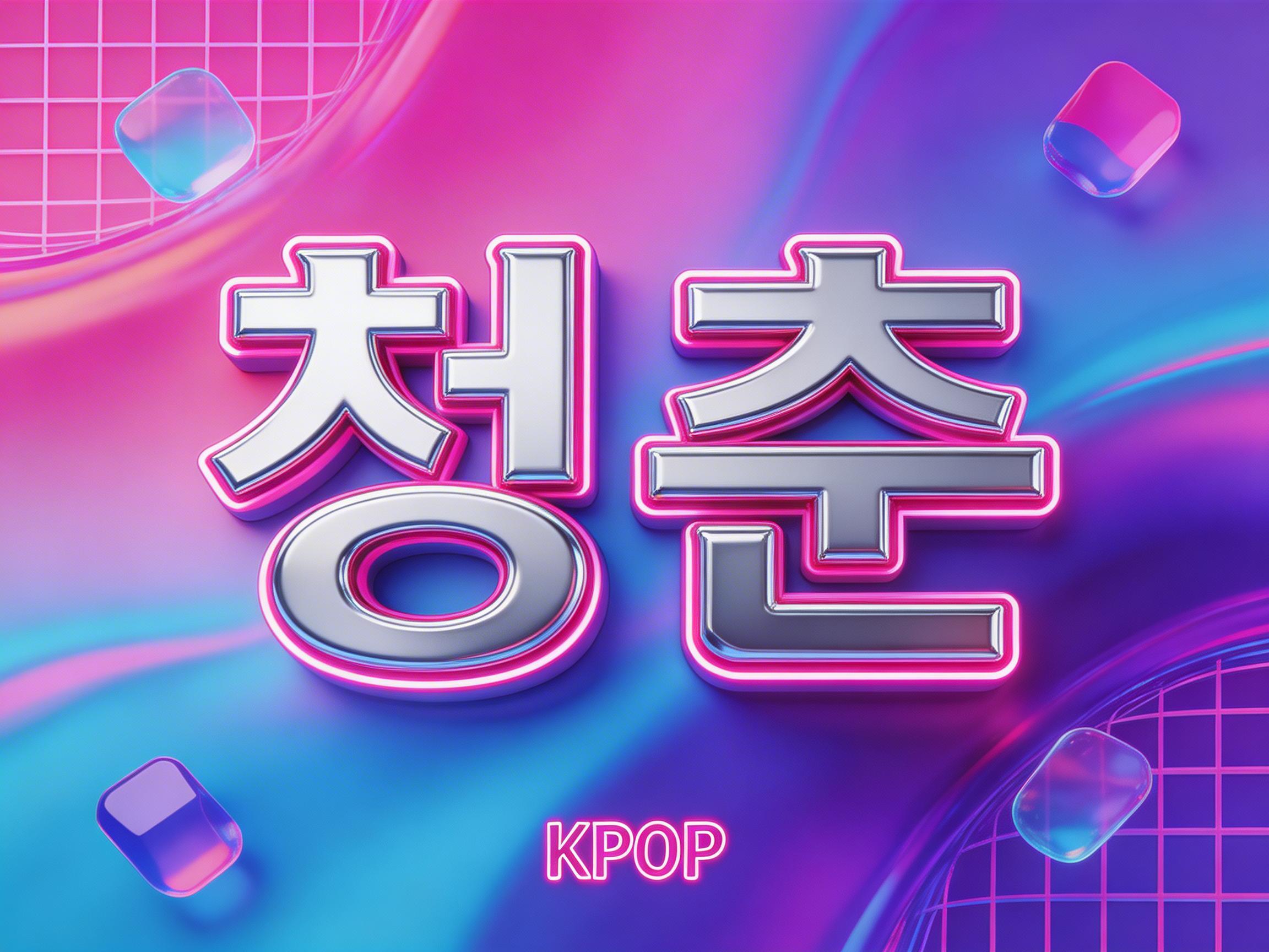 图中展示了一张充满现代感和流行色彩的平面设计海报。画面中心是两个巨大的 3D 效果韩文字符“청춘”（意为“青春”），字体呈现银灰色金属质感，边缘环绕着明亮的粉紫色霓虹灯带。背景由梦幻的粉色、紫色和蓝色渐变流体组成，波浪般的纹理营造出动感。画面四周散落着几块半透明的紫色晶体，左上角和右下角隐约可见白色的方格网线，增添了复古未来主义的风格。底部中央有一行较小的粉色霓虹效果英文字母“KPOP”。

在 AI 生成的细节方面，画面整体视觉效果协调，但在文字结构上存在细微异常：右侧韩文字符的笔画衔接处略显生硬，金属反光在某些转折点不够自然。此外，背景中的流体边缘在与方格网线交汇时，透视关系略显模糊，晶体物体的阴影投射方向与主光源并不完全一致，呈现出典型的 AI 合成痕迹。