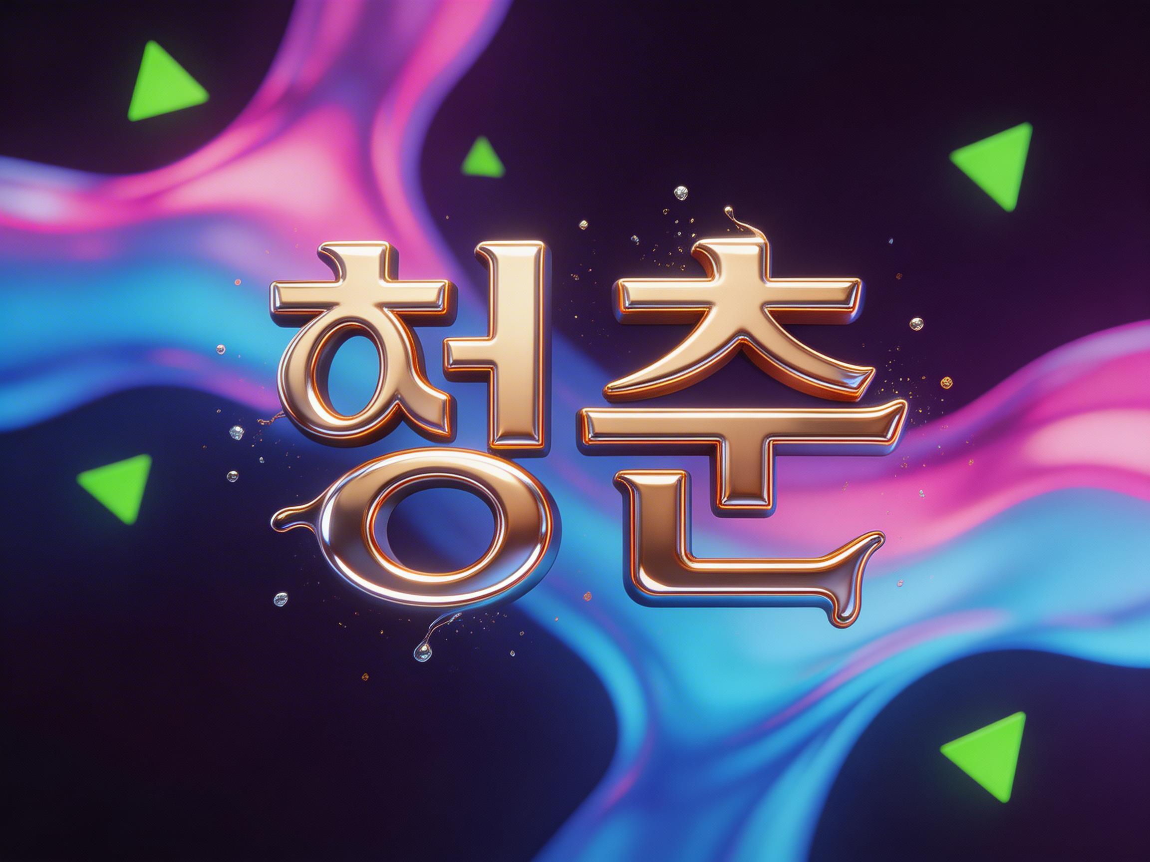 图中展示了一个极具现代感和动感的三维视觉设计。画面中心是两个巨大的、具有金属质感的金色韩文字符，看起来像是“청춘”（意为青春）。这些文字呈现出圆润且厚实的3D效果，表面反射着周围柔和的光影，边缘还环绕着细小的金色液滴和碎屑，仿佛文字正在从液体中凝固而成。背景由深紫色、亮蓝色和粉色交织的流体波浪组成，营造出一种梦幻且深邃的霓虹氛围。画面中还散布着若干明亮的绿色三角形色块，增加了视觉的跳跃感。

从 AI 生成的角度来看，画面存在一些明显的逻辑缺陷：首先，文字的笔画结构并不完全符合标准的韩文书写规范，部分笔画的连接处显得生硬且不自然，呈现出一种“似是而非”的拼凑感。其次，背景中的绿色三角形边缘过于锐利，与柔和的流体背景在透视和融合度上显得有些脱节。此外，文字周围漂浮的小液滴分布不均，部分液滴的阴影表现与主光源方向不一致。