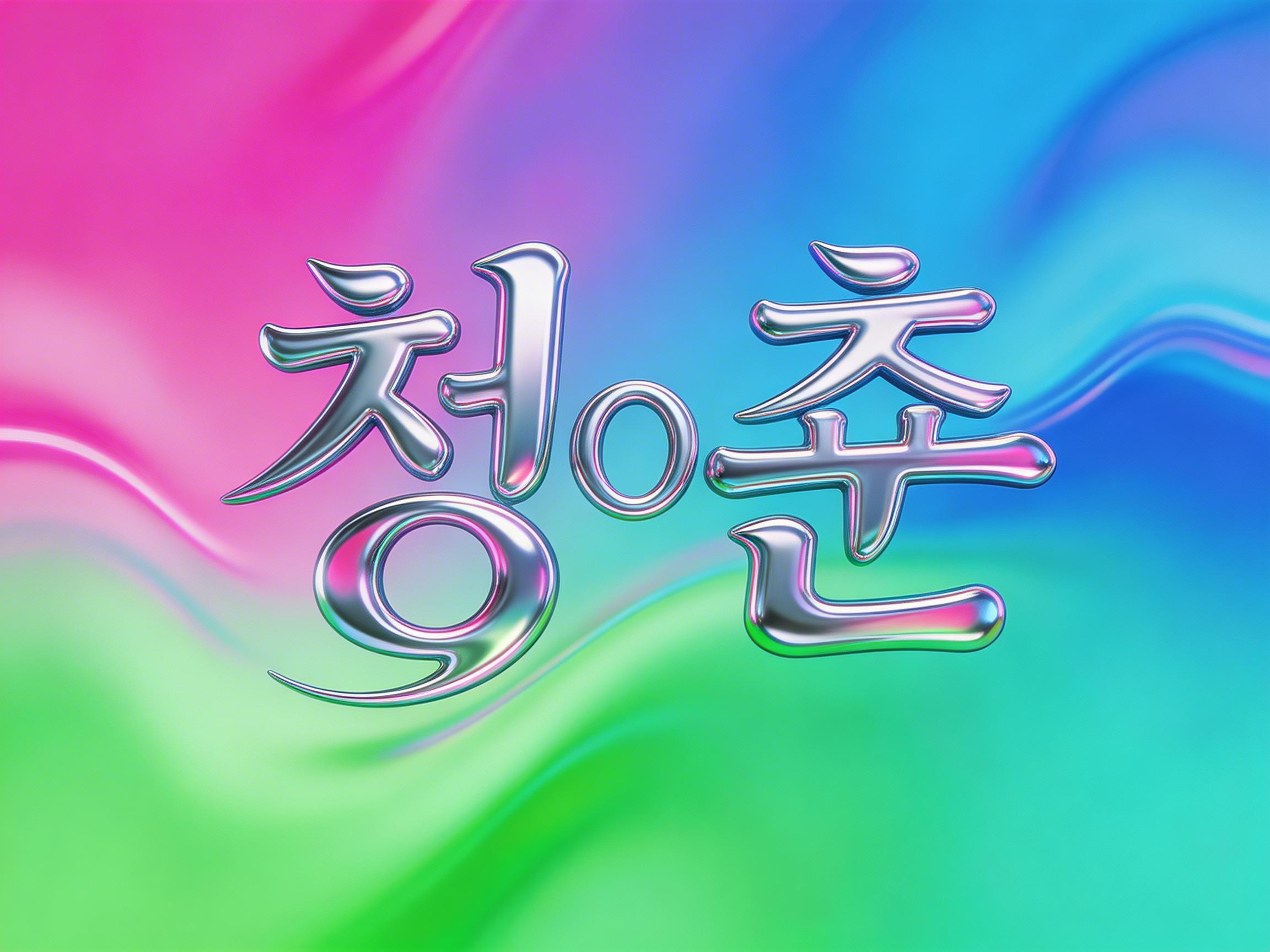 图中展示了一张色彩鲜艳、具有液态金属质感的视觉设计图。背景是由玫红色、亮蓝色和翠绿色组成的渐变流体，色彩交织在一起，呈现出丝绸般顺滑的波浪纹理。画面中心是几个具有 3D 立体效果的韩文字符，看起来像是“청춘”（青春）。这些字体呈现出高亮泽的银色金属质感，表面反射着背景的绚丽色彩，边缘圆润且富有弹性感，仿佛是悬浮在空中的水银字母。在构图上，字体居中对齐，给人一种现代且充满活力的视觉冲击。

画面中存在明显的 AI 生成缺陷：首先，韩文字符的结构并不标准，笔画之间出现了不自然的融合与断裂，例如左侧字符下方的圆圈部分与上方笔画的连接处显得生硬且逻辑不通；其次，两个主字符中间多出了一个多余的小圆圈元素，不符合常规的韩文拼写逻辑；此外，金属表面的高光反射虽然华丽，但在某些转折处出现了模糊和像素混叠，缺乏真实物理环境下的透视准确性。