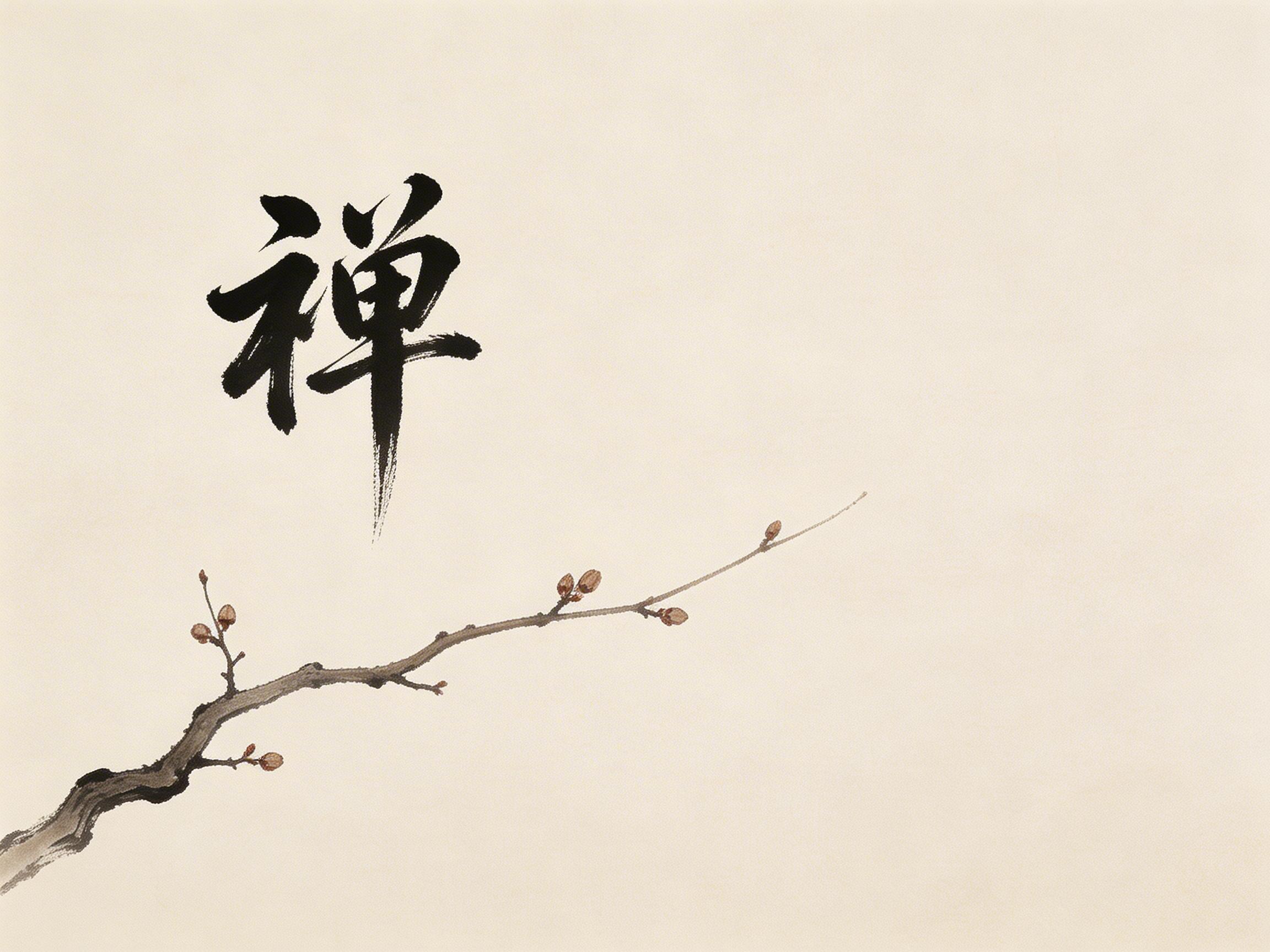 图中展现了一幅极简主义风格的水墨画，背景是带有细微纤维质感的米白色宣纸。画面左上方是一个醒目的黑色毛笔书写汉字“禅”，笔触苍劲有力，末尾带有明显的飞白效果，展现出传统书法的韵味。画面左下方延伸出一枝苍劲的梅花枝干，横向贯穿至画面中部，枝头点缀着几颗含苞待放的褐色花蕾。构图上采用了大量的留白，营造出一种宁静、深远的禅意氛围。在 AI 生成的细节方面，虽然整体意境传达准确，但仔细观察可以发现，“禅”字的结构存在细微的逻辑偏差，尤其是左侧“示”字旁的笔画连接处略显生硬，不完全符合传统书法的运笔逻辑；此外，梅花枝干上的花蕾分布略显机械，缺乏自然生长中随机的疏密变化。