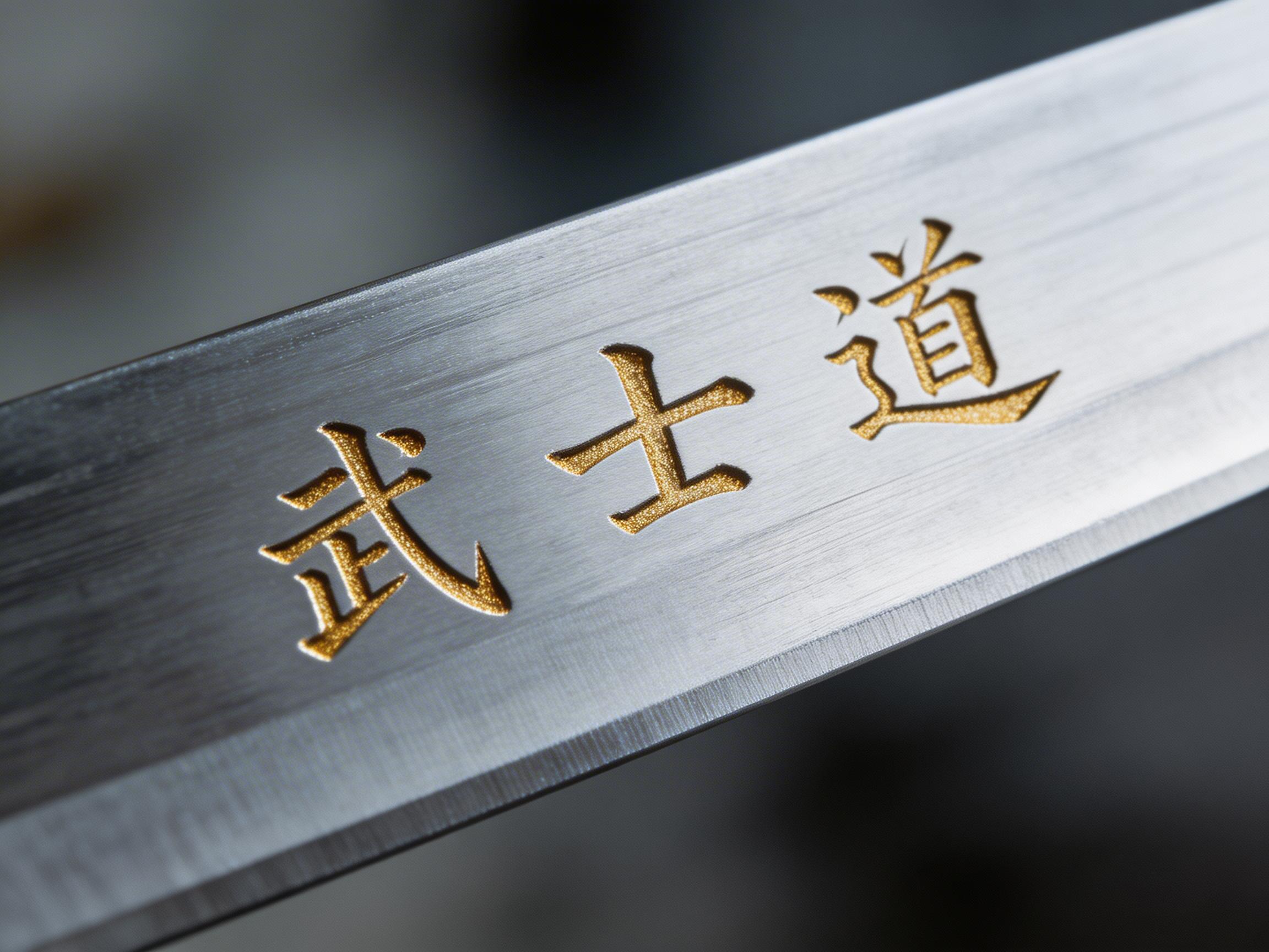 图中展示了一把金属武士刀刀身的特写镜头。画面构图简洁，刀身呈对角线横跨视野，背景是模糊的深灰色，使视觉焦点集中在刀刃的质感上。银灰色的刀面上刻有“武士道”三个金色汉字，字体呈现出凹陷的浮雕效果，内部带有细微的颗粒感，闪烁着金属光泽。刀身表面可以看到细腻的拉丝纹理，边缘处有一条清晰的研磨线，展现出锋利的质感。

在 AI 生成缺陷方面，文字部分存在明显的形态异常：“武”字的左侧结构与右侧钩笔连接生硬，笔画末端出现了不自然的尖锐分叉；“士”字的横竖比例略显失调；“道”字的走之底变形严重，且上方部件的笔画结构模糊不清，不符合标准的汉字书写规范。此外，刀刃最下方的边缘线条在画面左侧略显虚化，与整体的金属硬度感不完全匹配。