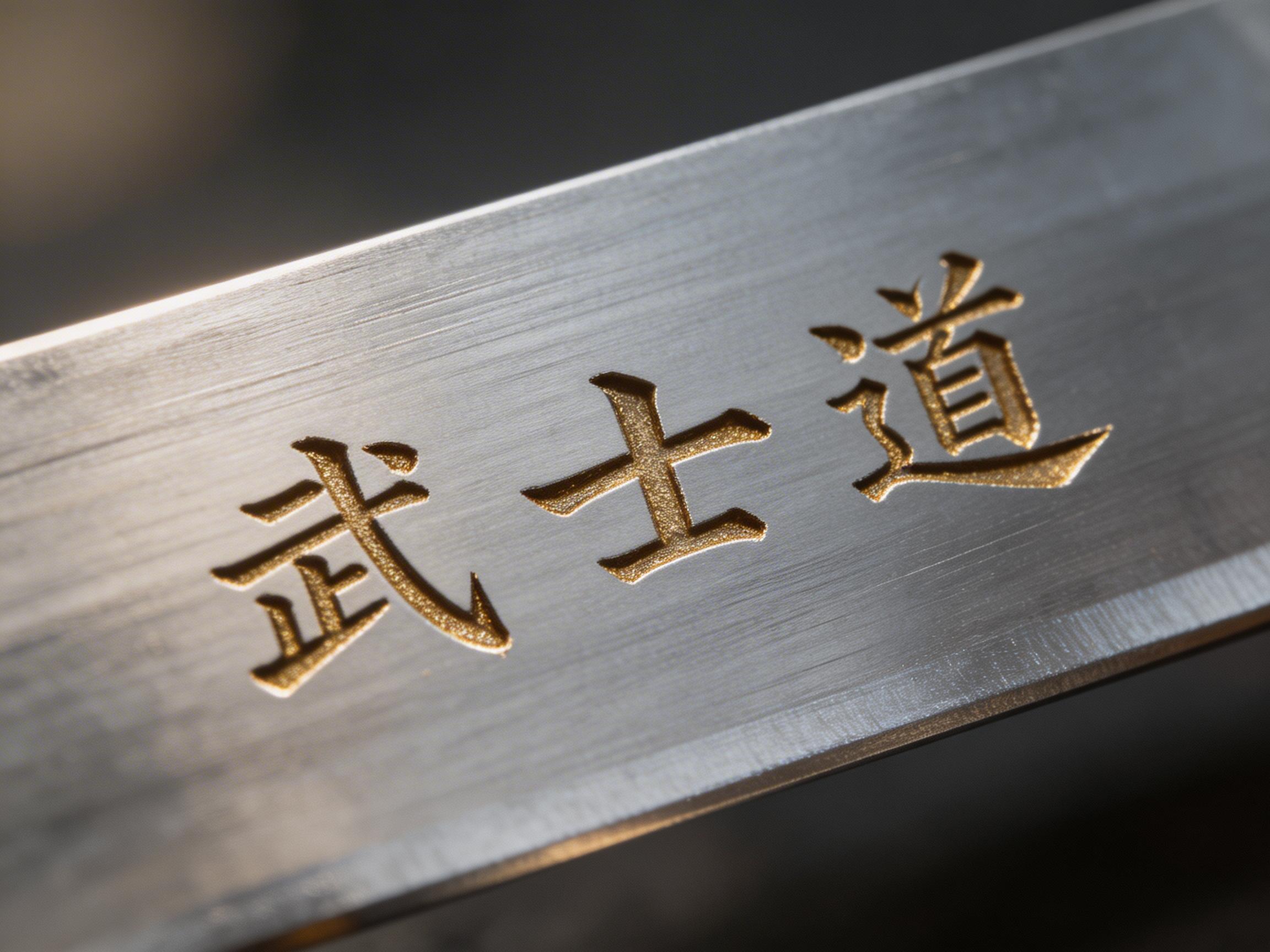 图中展示了一把金属刀剑刃部的特写镜头。画面采用斜向构图，银灰色的金属刀身占据了主体，表面带有细腻的拉丝质感，并在左上角反射出柔和的亮光。刀刃中心刻有三个金色的繁体汉字“武士道”，字体呈现出凹陷的浮雕效果，内部带有细微的颗粒感，仿佛是真金浇筑而成。背景完全模糊，呈现深沉的暗色调，使观众的注意力集中在刀身的文字上。在 AI 生成的细节方面，虽然文字结构基本正确，但仔细观察可以发现，“武”字的笔画末端处理略显生硬，且刀刃边缘的线条在画面右下角延伸处显得过于平整，缺乏真实刀剑应有的锋利弧度感。整体色调冷峻而庄重，通过金属与金色的对比营造出一种坚毅的氛围。