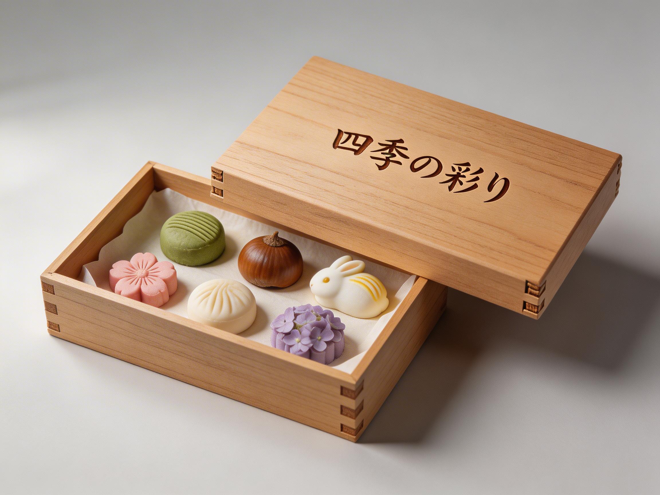 画面中展示了一个浅色木质礼盒，盒盖斜靠在盒身上，内部盛放着五枚精致的日式和菓子。这些点心色彩柔和，包括粉色花朵形、紫色重瓣花形、绿色圆饼形、黄色橡果形以及一枚带有红点的白色球形，整体呈现出一种禅意的美感。木盒表面质感细腻，纹理清晰，盒盖上竖排书写着黑色书法字体“四季の彩り”。背景为纯净的米黄色，光影从左上方投射，营造出温馨宁静的氛围。在 AI 生成细节方面，画面存在明显的透视和逻辑异常：盒盖的阴影方向与盒身不完全一致，且盒盖右下角的厚度边缘在透视上显得不够自然。此外，盒身左侧的榫卯结构分布不均，部分木块衔接处显得模糊，缺乏真实的物理结构合理性。