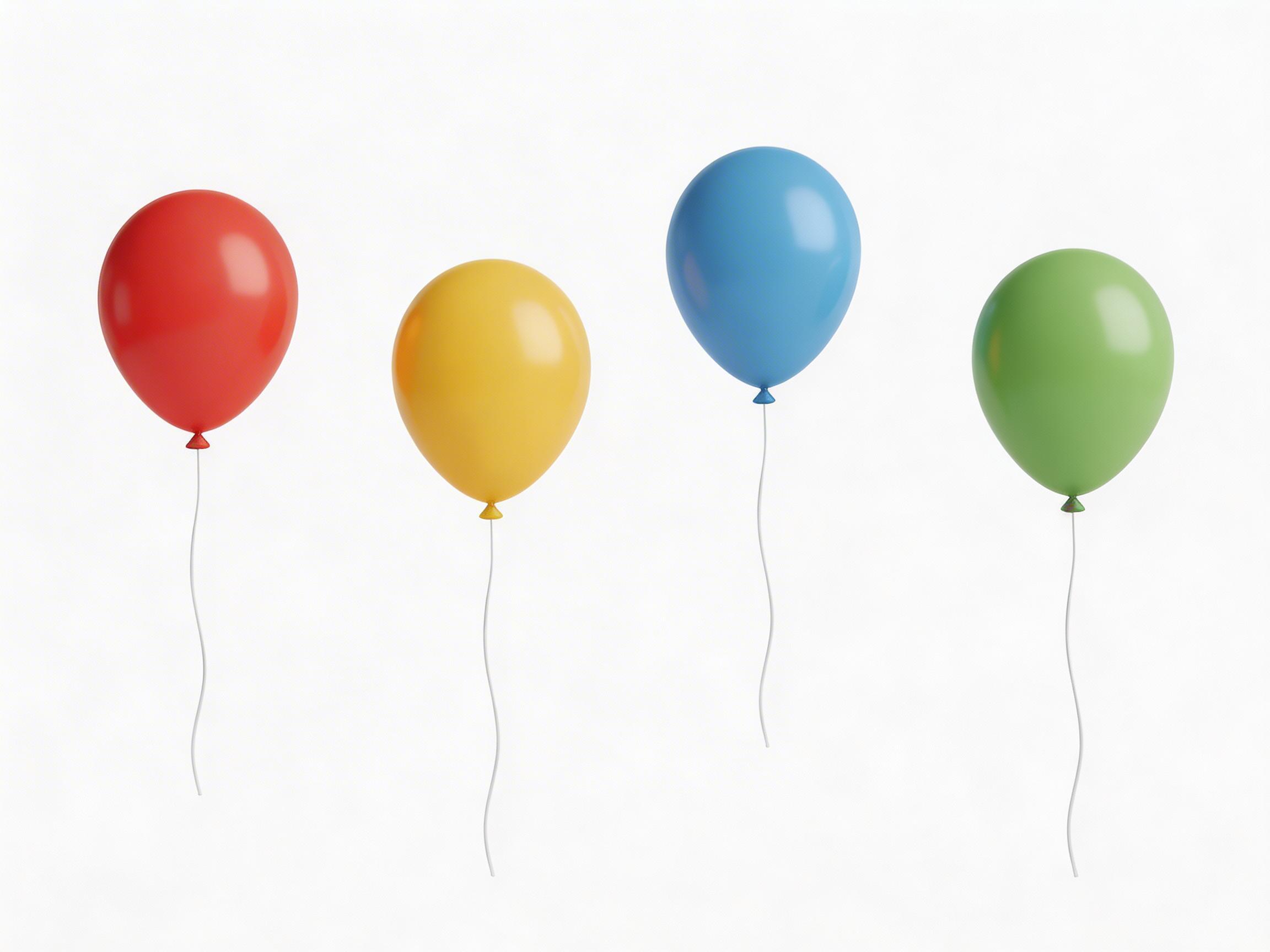 图中展示了四个色彩鲜艳的气球，在纯白色的背景下从左至右水平排列。气球的颜色依次为红色、黄色、蓝色和绿色，呈现出一种简约的 3D 渲染风格。每个气球的表面都有柔和的高光，模拟了光线照射在橡胶材质上的质感。气球下方各自垂下一根细长的白色线条，线条略微弯曲，仿佛在空中轻轻晃动。画面整体构图对称，色调明亮清新。在 AI 生成的细节方面，可以观察到一些逻辑上的缺陷：气球下方的白色线条与气球底部的打结处连接得并不自然，线条看起来像是凭空悬浮或直接穿透了气球末端，缺乏真实的物理捆绑感。此外，四个气球的形状高度一致，缺乏天然的个体差异，且最右侧绿色气球底部的封口形状略显生硬，与前三个气球的结构不完全统一。