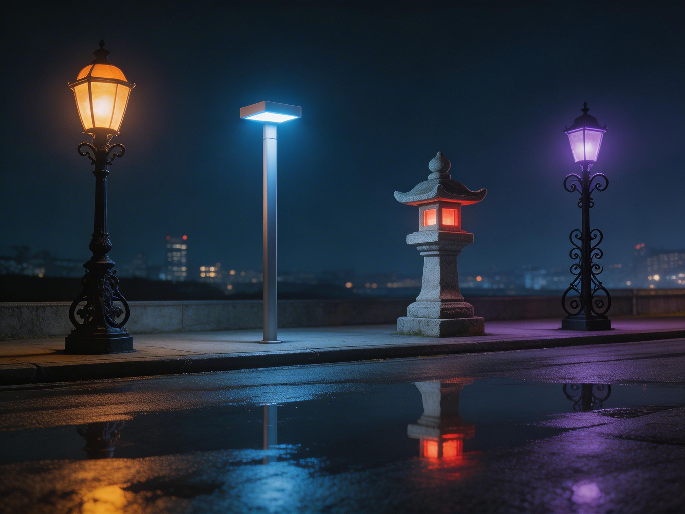 画面中展示了一个宁静的夜晚街景，四盏风格迥异的灯具在人行道上一字排开。从左至右分别是：一盏散发暖橘色光芒的欧式复古路灯，一盏发出冷蓝色强光的现代简约方头路灯，一座透出红色微光的日式石灯笼，以及一盏散发紫色幽光的欧式路灯。地面是潮湿的沥青路，积水清晰地倒映着四种颜色的灯光，形成色彩斑斓的视觉效果。背景是模糊的城市远景，带有零星的灯火。构图平稳，冷暖色调交织，营造出一种超现实的氛围。

在 AI 生成缺陷方面，画面存在明显的逻辑矛盾和透视异常。首先，四种完全不同文化背景和时代的灯具出现在同一段街道上，极不符合现实逻辑。其次，最左侧橘色路灯的倒影在水中显得歪斜且位置偏移，未能与实物垂直对应。最右侧紫色路灯的底座细节模糊，且其在水中的紫色倒影形状过于模糊，与实物比例不符。此外，背景建筑的灯光光斑分布杂乱，缺乏真实的透视深度感。