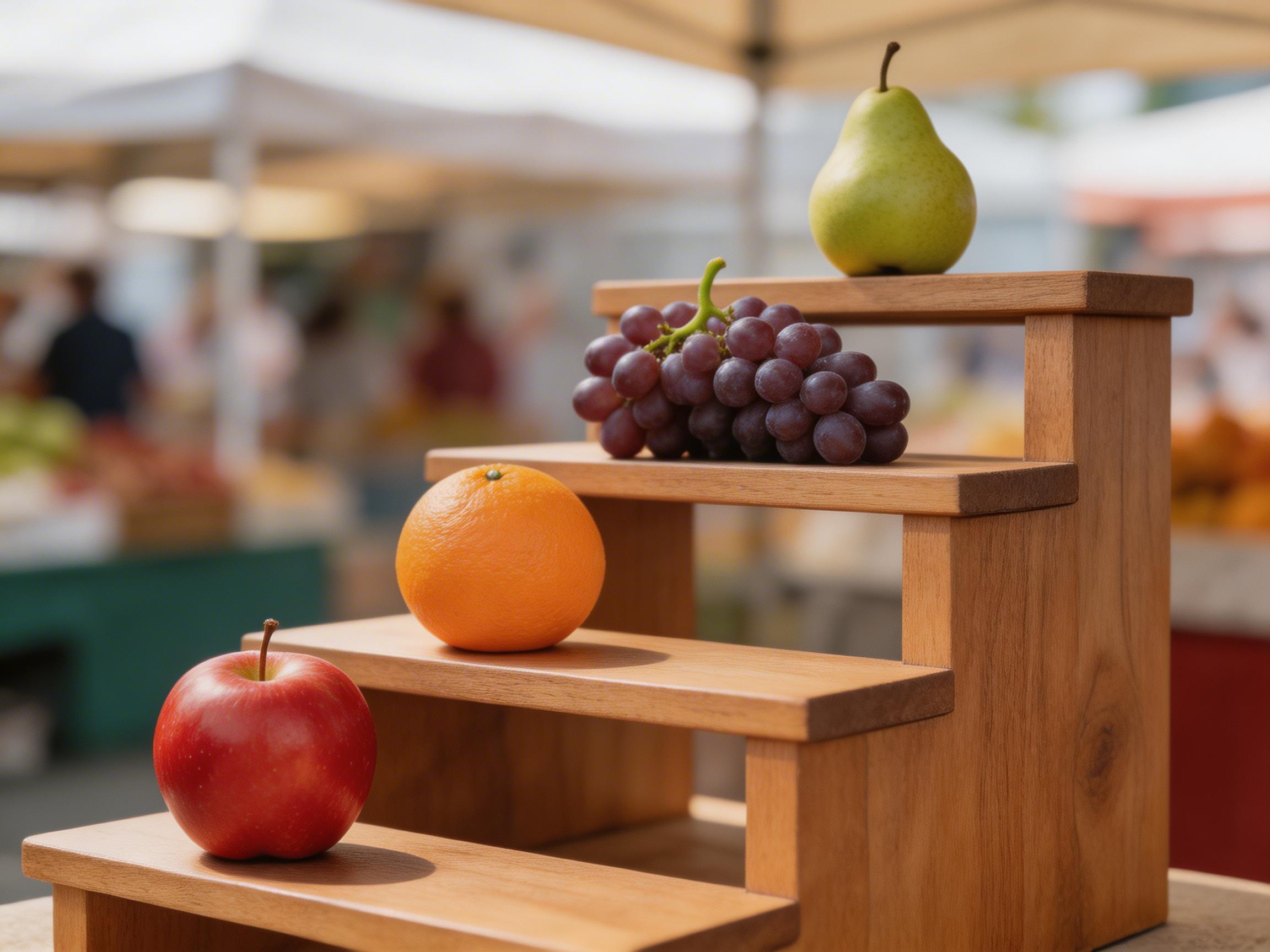 图中展示了一个在户外市集背景下的木质阶梯展示架，架子上错落有致地摆放着四种水果。从左下方的第一层阶梯向上看，依次放着一颗鲜红饱满的苹果、一颗橙色的柑橘、一串深紫色的葡萄，以及最顶层的一颗青绿色的梨。背景是模糊的集市摊位和熙攘的人影，光线柔和自然。然而，画面中存在明显的 AI 生成缺陷：最引人注目的是木质展示架的结构逻辑错误，右侧的支撑立柱与阶梯踏板的衔接方式违背物理常识，看起来像是直接穿透了木板或悬浮连接；此外，葡萄的梗部生长方向显得有些生硬，与果实的连接处不够自然。整体构图虽然色彩鲜艳、冷暖对比明确，但由于透视和结构处理不当，使得展示架看起来缺乏真实的稳定性。