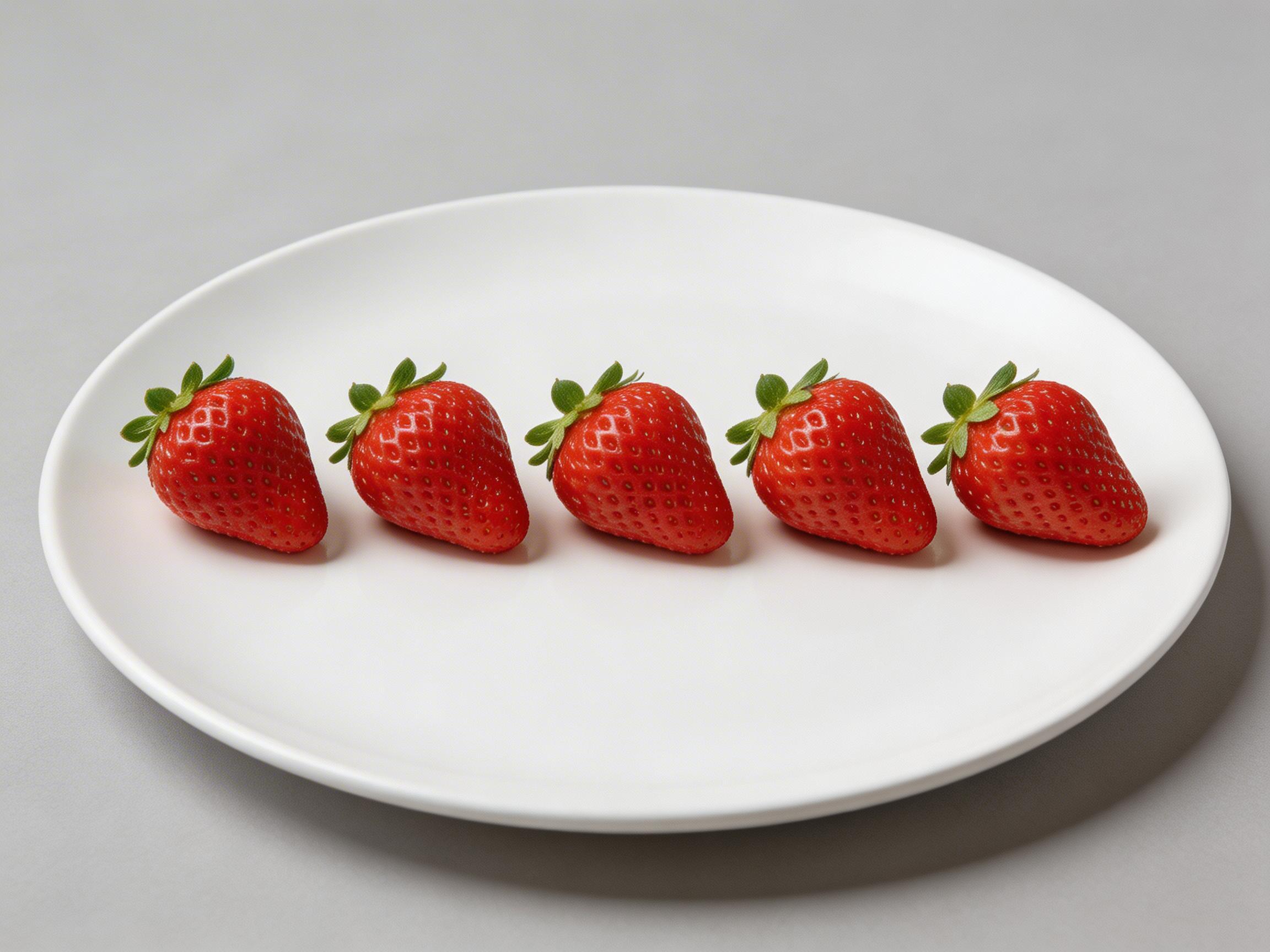图中展示了一个极简风格的静物场景。在一个纯白色的圆形瓷盘中心，横向整齐地排列着五颗鲜红色的草莓。背景是均匀的浅灰色，光线柔和，从上方投射下淡淡的阴影。草莓色泽红润亮泽，表面布满了细小的籽，顶部的绿色叶瓣鲜嫩翠绿，整体构图简洁且具有对称美感。

然而，画面中存在明显的 AI 生成缺陷：首先，五颗草莓的形状、大小、表面纹理甚至叶片的弯曲角度几乎完全一致，这种高度的重复性在现实自然界中极难出现，显得不够真实。其次，仔细观察会发现，草莓与盘子接触的阴影处理较为生硬，缺乏自然的物理过渡。最明显的错误在于最右侧的一颗草莓，其底部的阴影与盘子边缘的透视关系略显不协调，给人一种草莓轻微“漂浮”或贴图感较强的视觉印象。