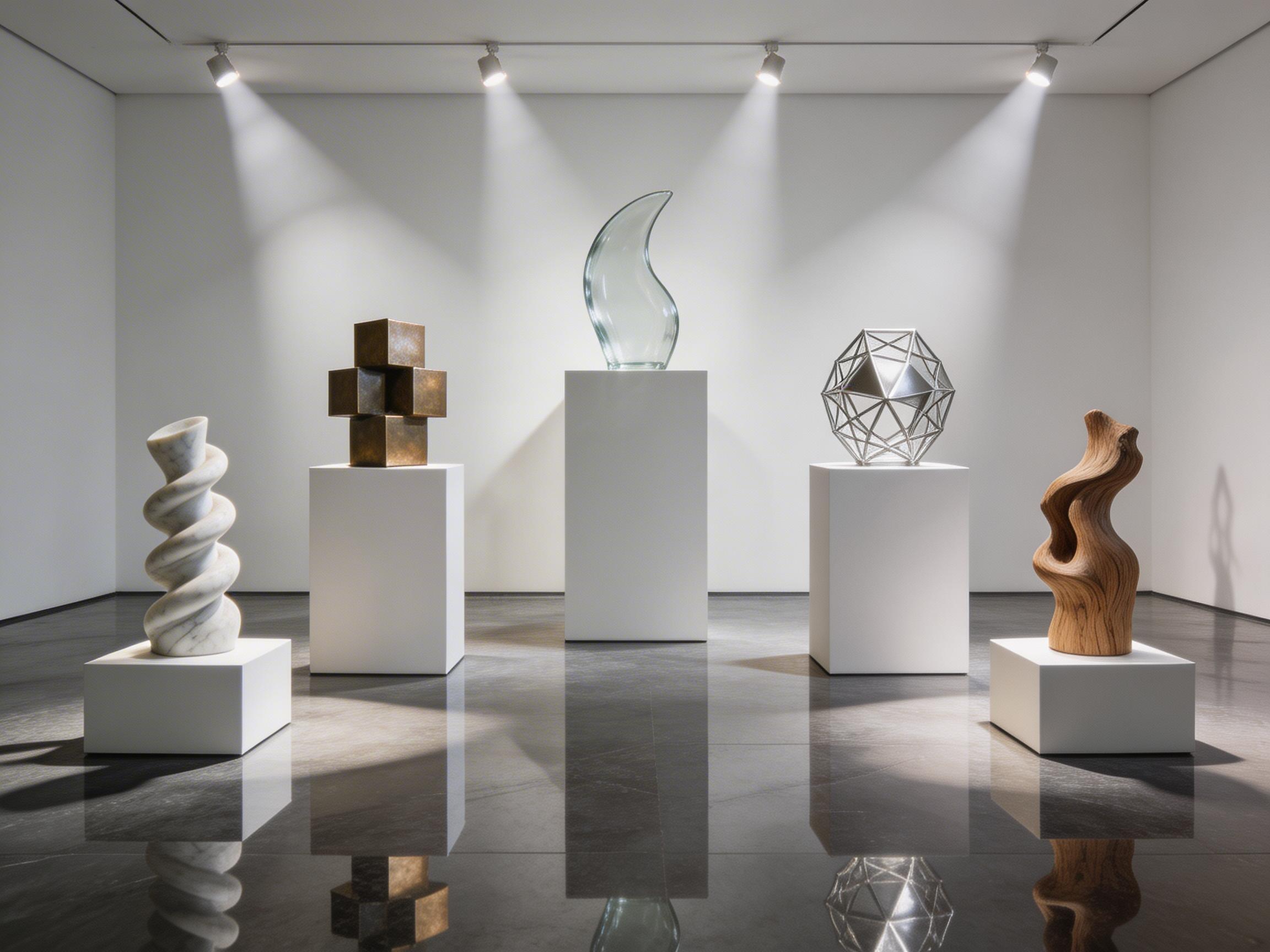图中展示了一个极简主义风格的现代艺术画廊。五件材质各异的抽象雕塑分别放置在高度不一的白色方形底座上，呈半圆形排列。从左至右依次是：白色大理石纹理的螺旋状雕塑、深古铜色的多面立方体组合、位于中心最高处的透明玻璃火焰状雕塑、银色金属框架构成的几何多面体，以及最右侧的棕色木质流线型雕塑。背景是纯白色的墙面，上方有四盏射灯投射出清晰的锥形光束。地面是深灰色的抛光大理石，倒映着雕塑和底座的虚影。

在 AI 生成的细节方面，存在一些逻辑和物理上的瑕疵：最左侧底座在地面上的倒影显得过于模糊且形状与实物不符；中间玻璃雕塑的倒影完全消失了，未能体现出透明材质的折射感；右侧木质雕塑在墙上的投影形状怪异，像是一个扭曲的人影，与其本体形状严重脱节。此外，天花板上的射灯光束边缘过于生硬，缺乏自然的光影过渡。