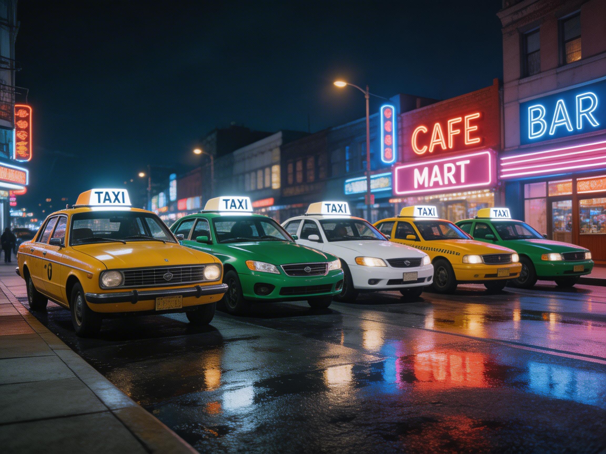图中展示了一个充满怀旧氛围的都市夜晚街头。五辆颜色各异的出租车并排停放在潮湿的柏油马路上，从左至右依次为黄色、绿色、白色、橙黄色和深绿色。背景是充满霓虹灯招牌的建筑，红色的“CAFE MART”和蓝色的“BAR”字样格外醒目，灯光倒映在积水的路面上，营造出一种电影般的质感。画面构图采用斜向透视，车辆由近及远排列。

然而，画面中存在多处明显的 AI 生成缺陷：首先，车辆的品牌标志模糊不清且形状怪异；其次，出租车顶灯上的“TAXI”文字风格不统一，有的字母间距异常，且最右侧车辆的顶灯结构显得生硬。最明显的问题在于透视关系，车辆之间的间距和车轮与地面的接触点显得不够自然，背景建筑的窗户细节也出现了扭曲。此外，左侧第一辆黄色出租车的车门把手和后视镜细节缺失，整体呈现出一种真实与虚幻交织的不协调感。