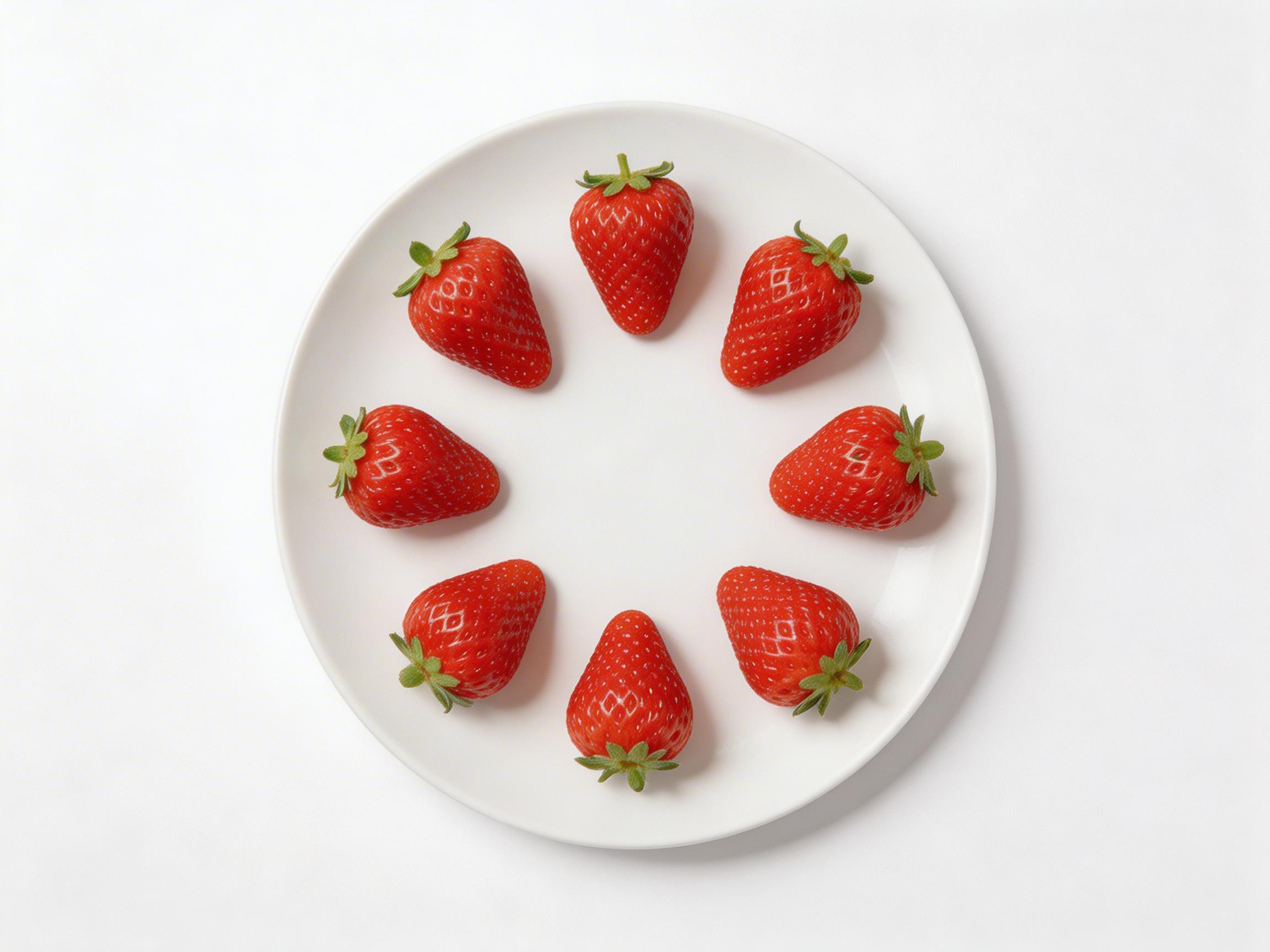 图中展示了一个纯白色的圆形瓷盘，平放在干净的白色背景上。盘子里整齐地摆放着八颗鲜红色的草莓，它们环绕着盘子中心排成一个圆圈，每颗草莓的尖端都指向圆心，绿色的叶柄则朝向盘缘。草莓色泽红润，表面布满了细小的白色籽点，光影处理让果实看起来饱满且富有水分。

然而，画面中存在明显的 AI 生成缺陷。仔细观察可以发现，草莓表面的纹理出现了逻辑错误：部分草莓的籽点并非自然的颗粒状，而是呈现出类似白色线条组成的“田字格”或“菱形方框”图案，这在真实植物中是不存在的。此外，虽然草莓排列成圆圈，但每颗草莓的大小和形状过于雷同，缺乏自然界中果实的个体差异，且部分草莓的阴影边缘显得略微生硬，与盘子的接触面透视关系不够自然。