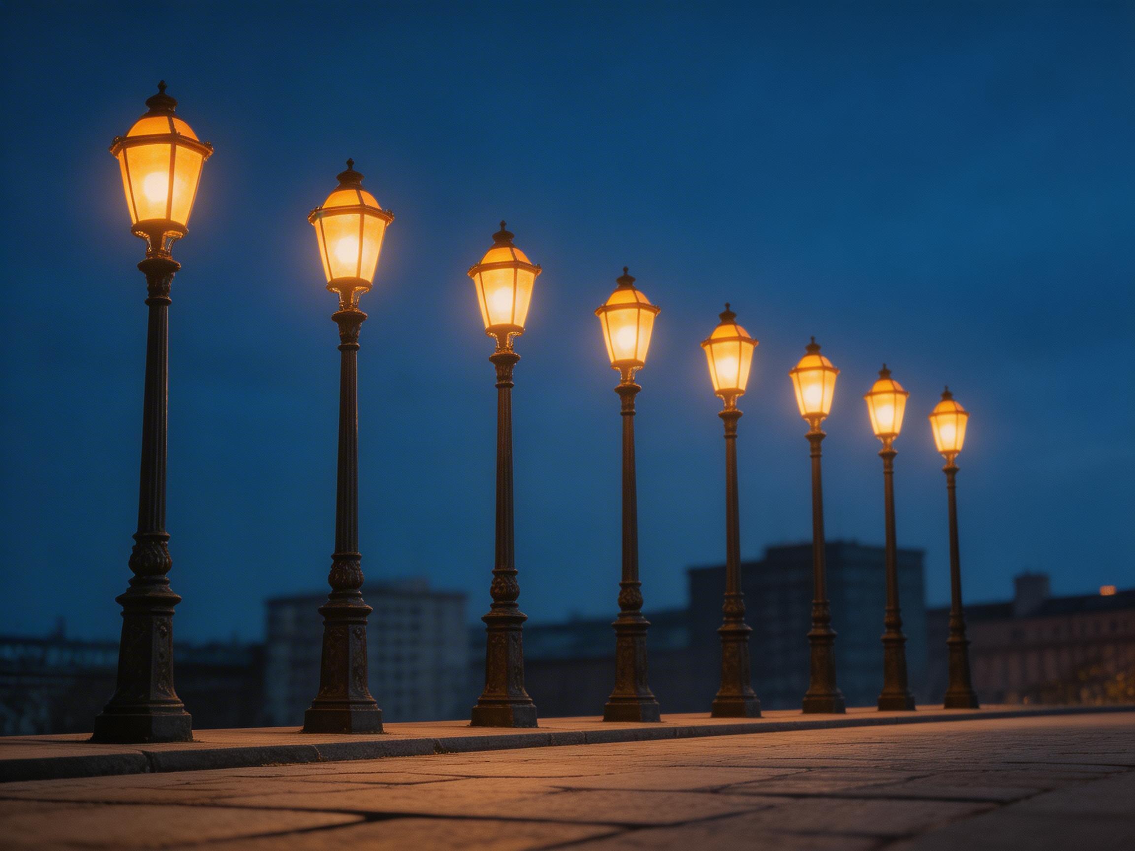画面中呈现的是一幅静谧的夜景，一排复古风格的欧式路灯由近及远向右侧延伸，营造出深邃的透视感。背景是深蓝色的夜空，下方隐约可见模糊的城市建筑轮廓。路灯散发出温暖的橘黄色光芒，照亮了下方由石板铺成的地面，冷色调的天空与暖色调的灯光形成了鲜明的色彩对比。构图采用低角度拍摄，使得近处的路灯显得高大且富有质感。

在 AI 生成的细节方面，存在一些明显的逻辑缺陷：首先，路灯的排列过于机械化，且随着距离远去，路灯的底座似乎直接悬浮在地面边缘，缺乏真实的物理衔接。其次，最右侧的几盏路灯在比例和形态上略显扭曲，灯杆的线条不够笔直。此外，地面石板的纹理在远端变得模糊且结构混乱，与近处清晰的刻画不匹配，展现了典型的 AI 空间建模异常。