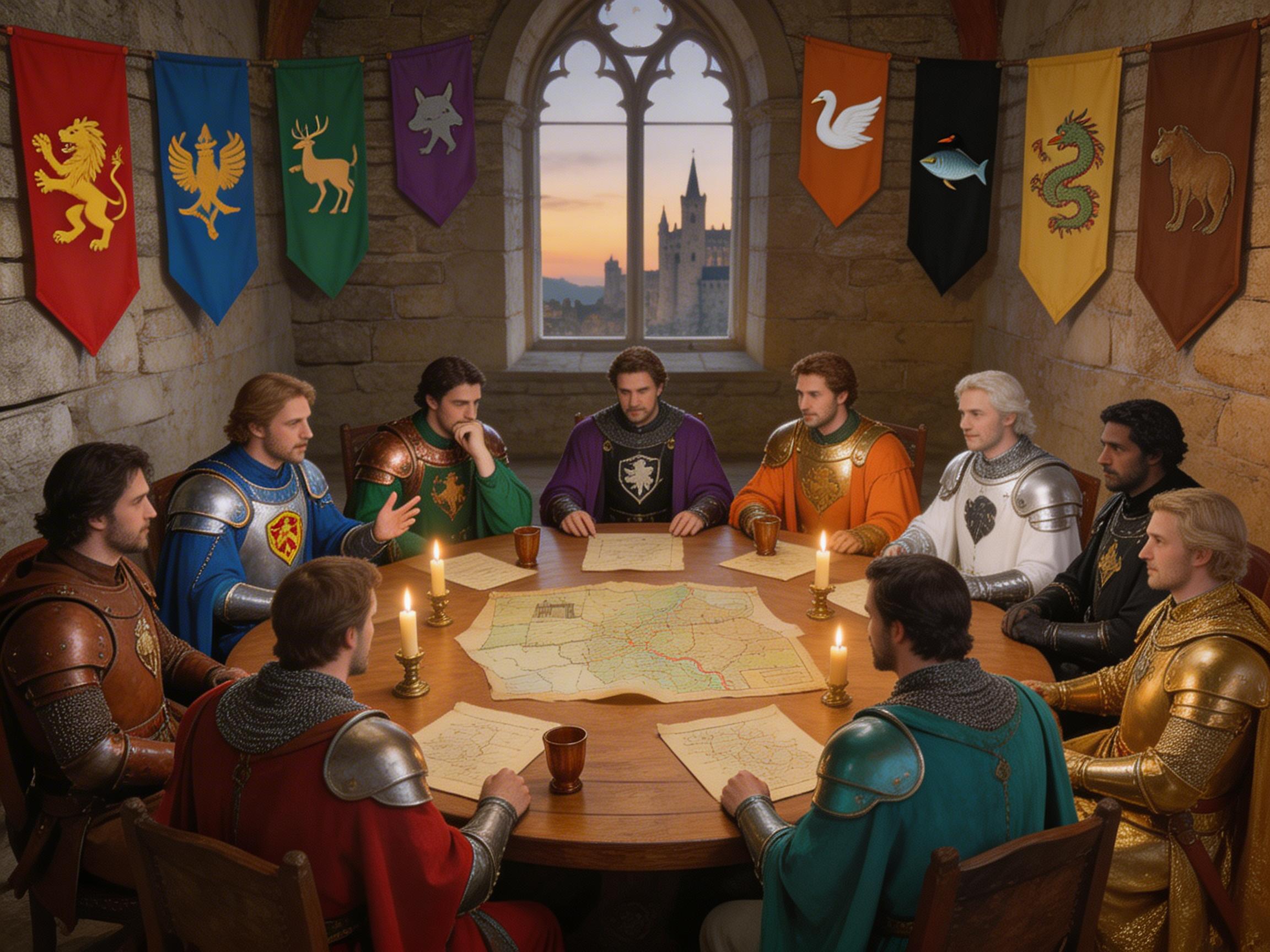 图中展现了一个中世纪风格的议事厅场景，十位身着各色盔甲与长袍的骑士正围坐在一张巨大的圆形木桌旁举行会议。画面中心是一张铺开的羊皮纸地图，桌上点缀着几根燃烧的蜡烛和木质酒杯。背景是粗糙的石墙，墙上悬挂着八面印有狮子、鹰、鹿等不同动物图腾的彩色旗帜。正中央的一扇拱形窗户透出黄昏时分的景色，远方可见一座城堡的剪影。

画面呈现出明显的 AI 生成缺陷：首先，人物的手部处理非常混乱，多名骑士的手指数量异常或扭曲，例如左侧蓝衣骑士伸出的手掌结构模糊，桌面上有些手部似乎直接从袖口平滑长出，缺乏关节细节。其次，空间透视存在逻辑错误，背景旗帜的悬挂位置与墙面角度不符，显得像是漂浮在空中。此外，地图上的线条杂乱无章，并非真实的地理标识，部分骑士的盔甲纹饰与身体结构的衔接也显得生硬且不自然。